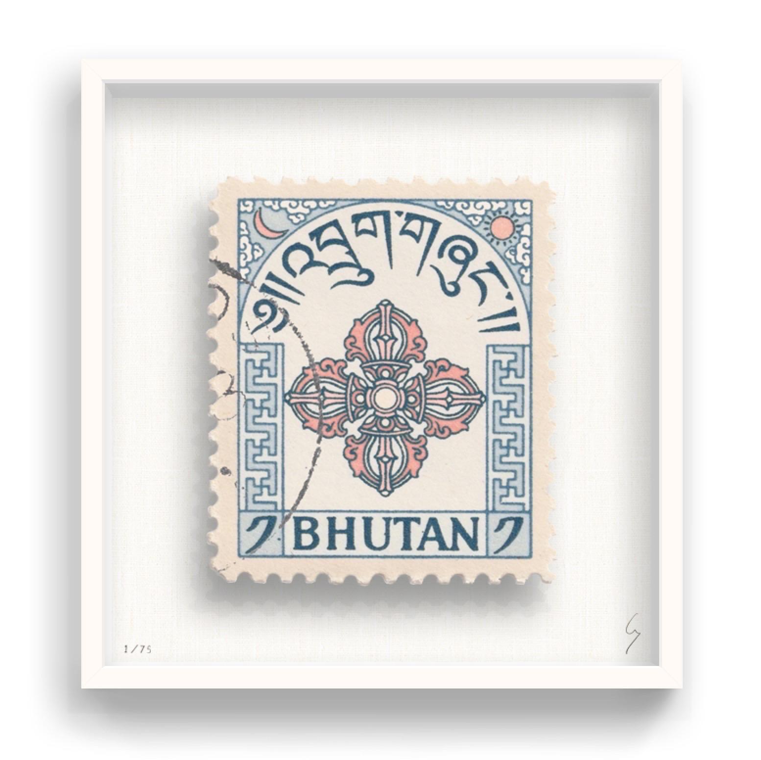 Guy Gee, Bhutan (medium)

Hand-engraved print on 350gsm on G.F Smith card
53 x 56cm (20 4/5 x 22 2/5 in)
Frame included 
Edition of 75 

Each artwork by Guy had been digitally reimagined from an original postage stamp. Cut out and finished by hand,