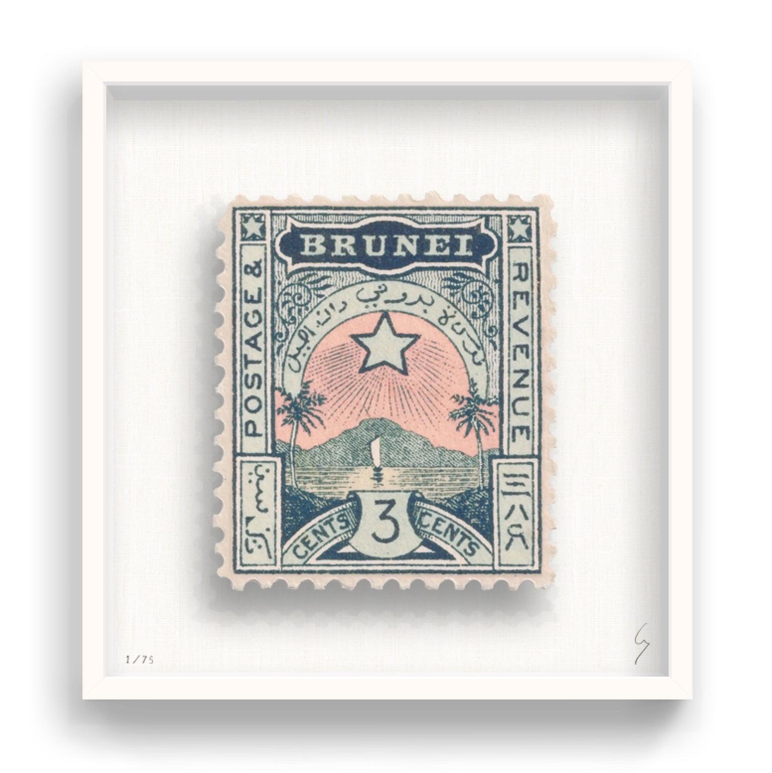 Guy Gee, Brunei (medium)

Hand-engraved print on 350gsm on G.F Smith card
53 x 56cm (20 4/5 x 22 2/5 in)
Frame included 
Edition of 75 

Each artwork by Guy had been digitally reimagined from an original postage stamp. Cut out and finished by hand,