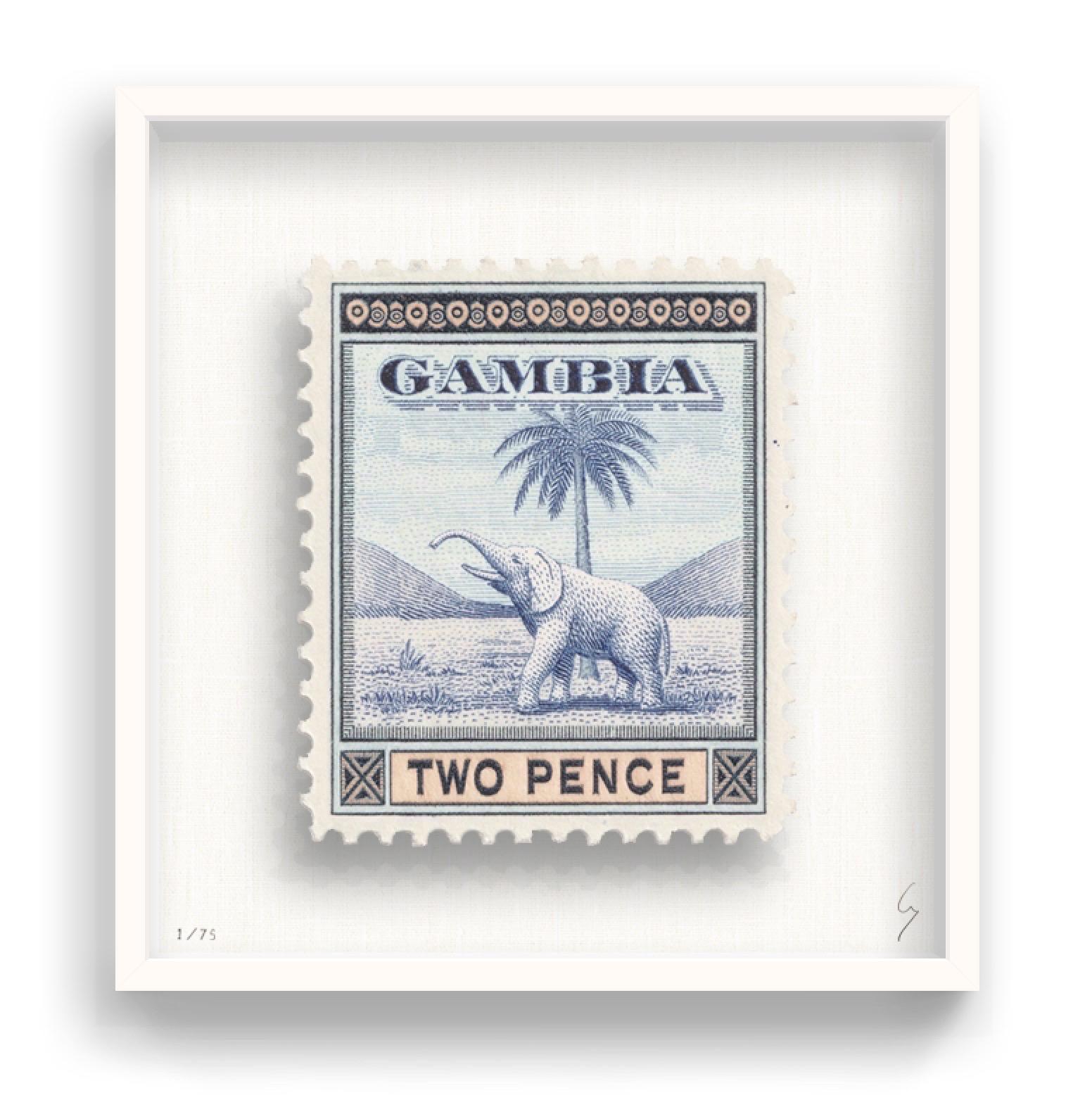 Guy Gee, Gambia (medium)

Hand-engraved print on 350gsm on G.F Smith card
53 x 56cm (20 4/5 x 22 2/5 in)
Frame included 
Edition of 75 

Each artwork by Guy had been digitally reimagined from an original postage stamp. Cut out and finished by hand,