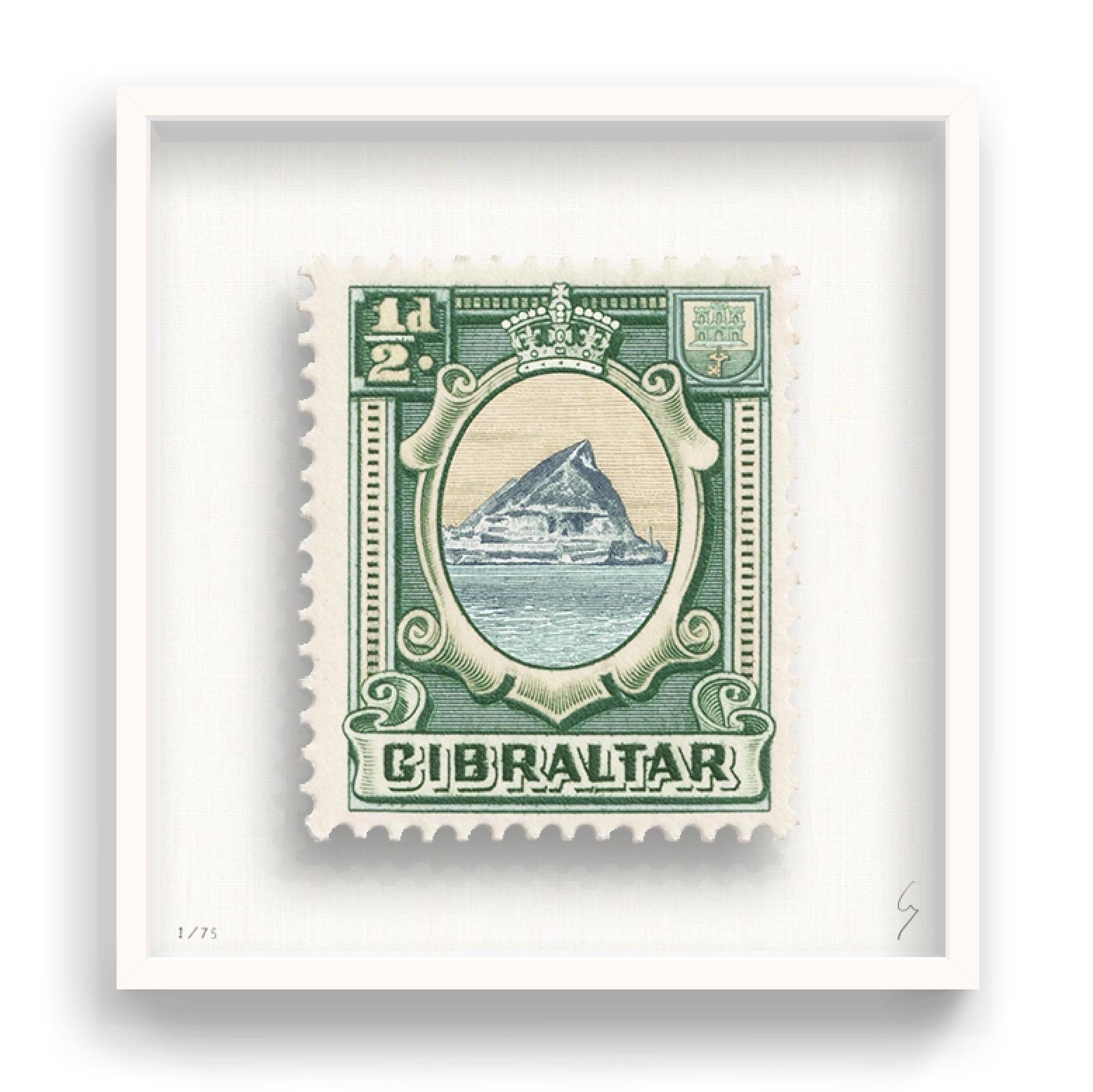 Guy Gee, Gibraltar (medium)

Hand-engraved print on 350gsm on G.F Smith card
53 x 56cm (20 4/5 x 22 2/5 in)
Frame included 
Edition of 75 

Each artwork by Guy had been digitally reimagined from an original postage stamp. Cut out and finished by