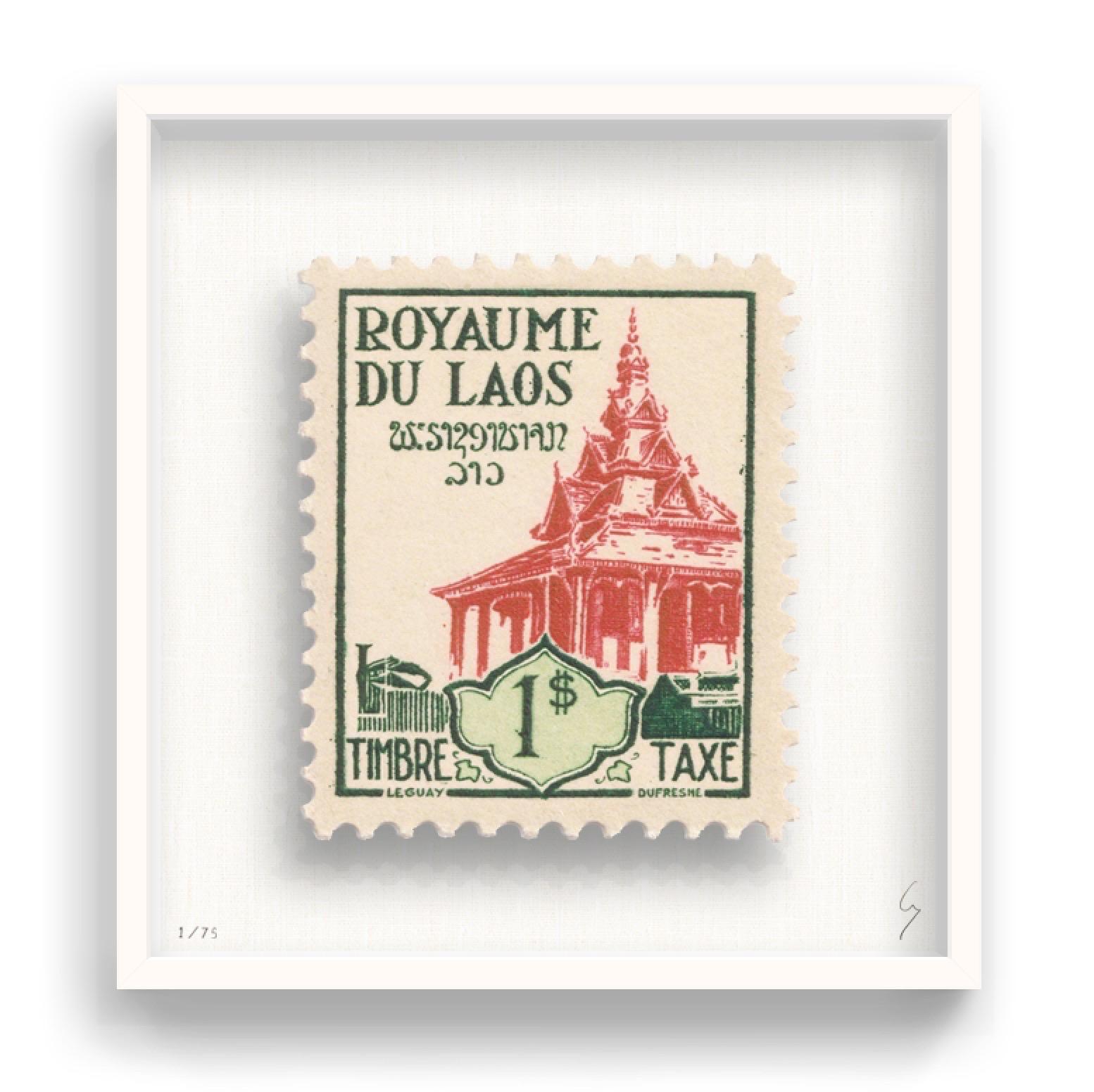 Guy Gee, Laos  (medium)

Hand-engraved print on 350gsm on G.F Smith card
53 x 56cm (20 4/5 x 22 2/5 in)
Frame included 
Edition of 75 

Each artwork by Guy had been digitally reimagined from an original postage stamp. Cut out and finished by hand,