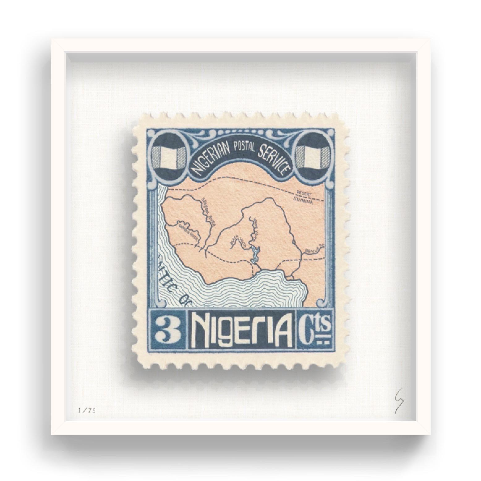 Guy Gee, Nigeria (medium)

Hand-engraved print on 350gsm on G.F Smith card
31 x 35 cm (12 1/5 x 13 4/5)
Frame included 
Edition of 75 

Each artwork by Guy had been digitally reimagined from an original postage stamp. Cut out and finished by hand,