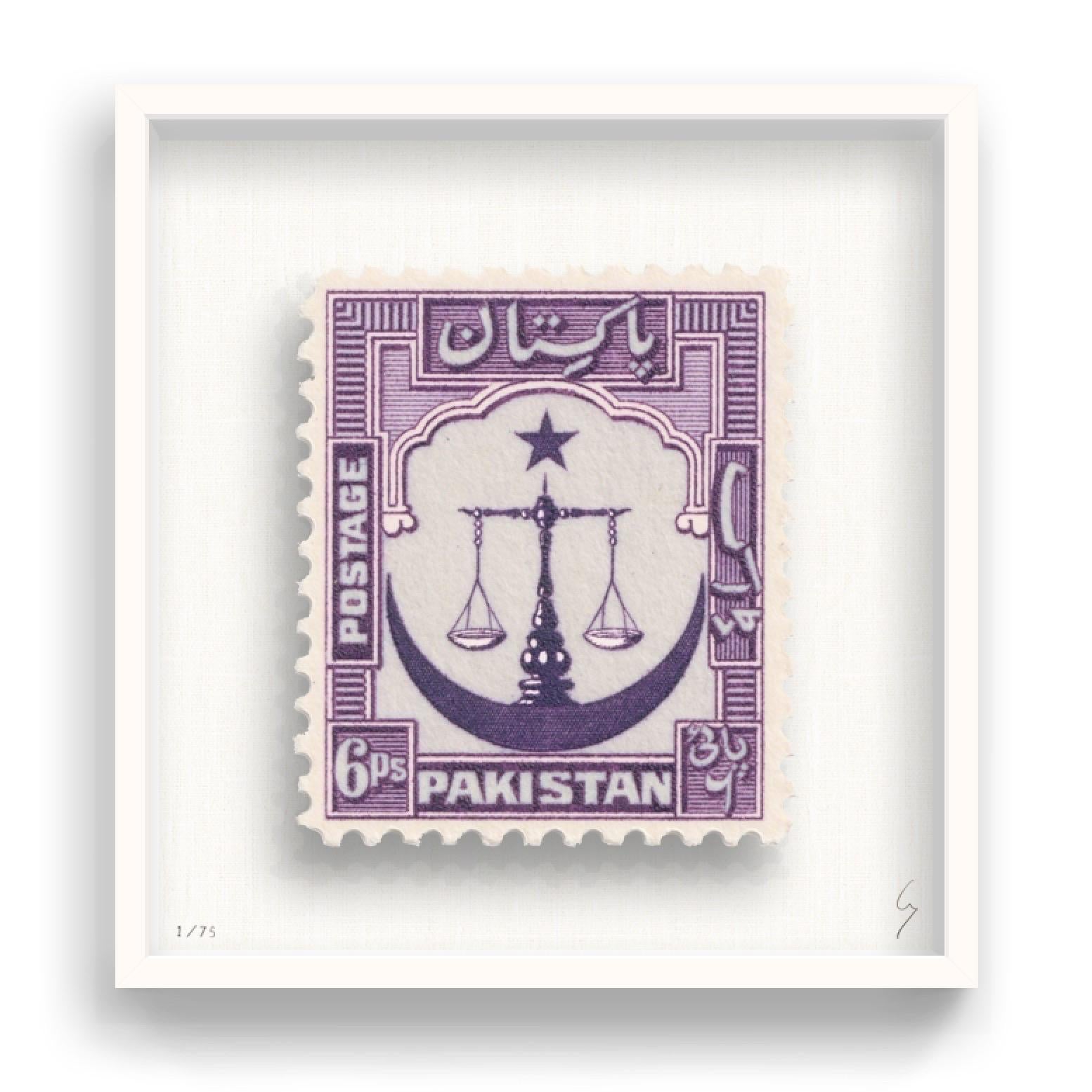Guy Gee, Pakistan (medium)

Hand-engraved print on 350gsm on G.F Smith card
31 x 35 cm (12 1/5 x 13 4/5)
Frame included 
Edition of 75 

Each artwork by Guy had been digitally reimagined from an original postage stamp. Cut out and finished by hand,