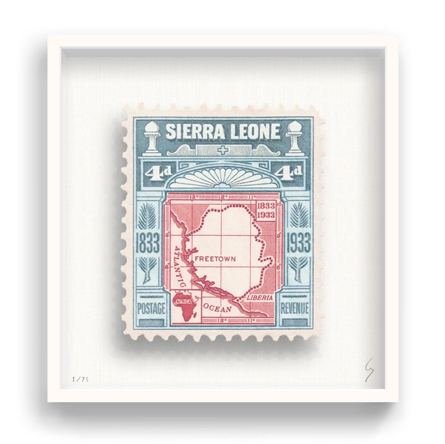 Guy Gee, Sierra Leon (medium)

Hand-engraved print on 350gsm on G.F Smith card
31 x 35 cm (12 1/5 x 13 4/5)
Frame included 
Edition of 75 

Each artwork by Guy had been digitally reimagined from an original postage stamp. Cut out and finished by