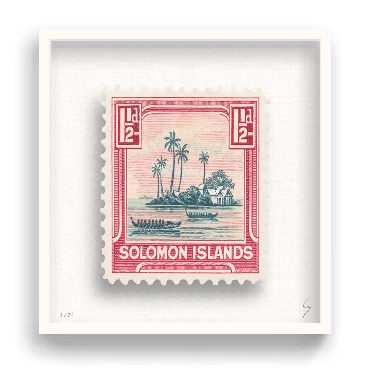 Guy Gee, Solomon Islands ( medium)

Hand-engraved print on 350gsm on G.F Smith card
31 x 35 cm (12 1/5 x 13 4/5)
Frame included 
Edition of 75 

Each artwork by Guy had been digitally reimagined from an original postage stamp. Cut out and finished