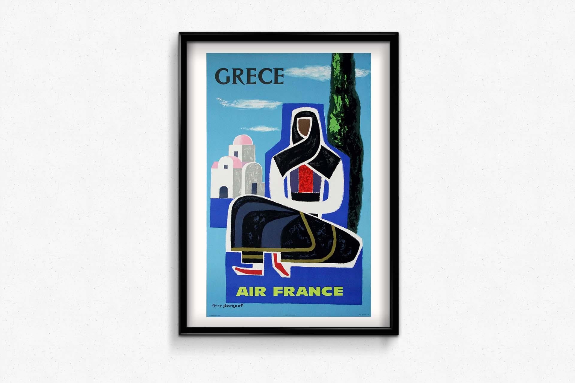 1962 original travel poster by Guy Georget for Air France travel to Greece For Sale 1