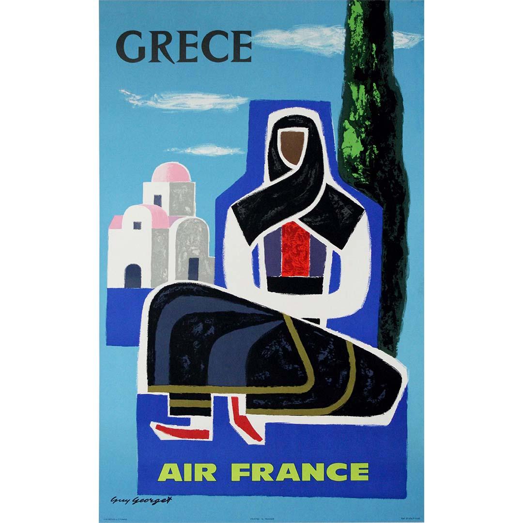 Das Original-Reiseplakat von Guy Georget für Air France aus dem Jahr 1962, das für Reisen nach Griechenland wirbt, verkörpert die Faszination und Romantik mediterraner Reiseziele. Mit seinen leuchtenden Farben und seiner ikonischen Typografie lädt
