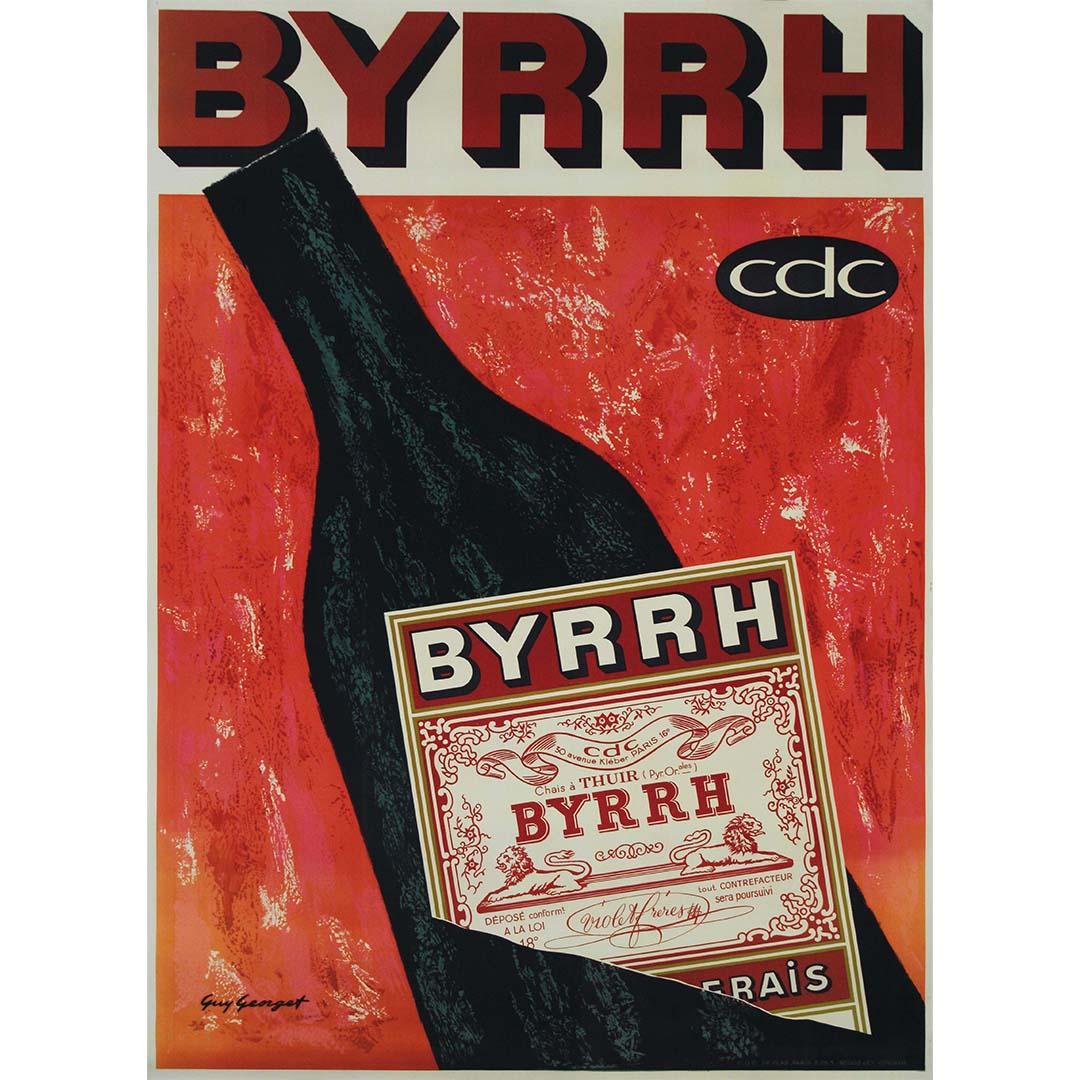 Original advertising poster by Guy Georget for Byrrh, crafted in 1963, stands as a testament to the artistic brilliance of the era and the enduring appeal of the iconic aperitif brand. Byrrh, a renowned French aperitif, has long been celebrated for