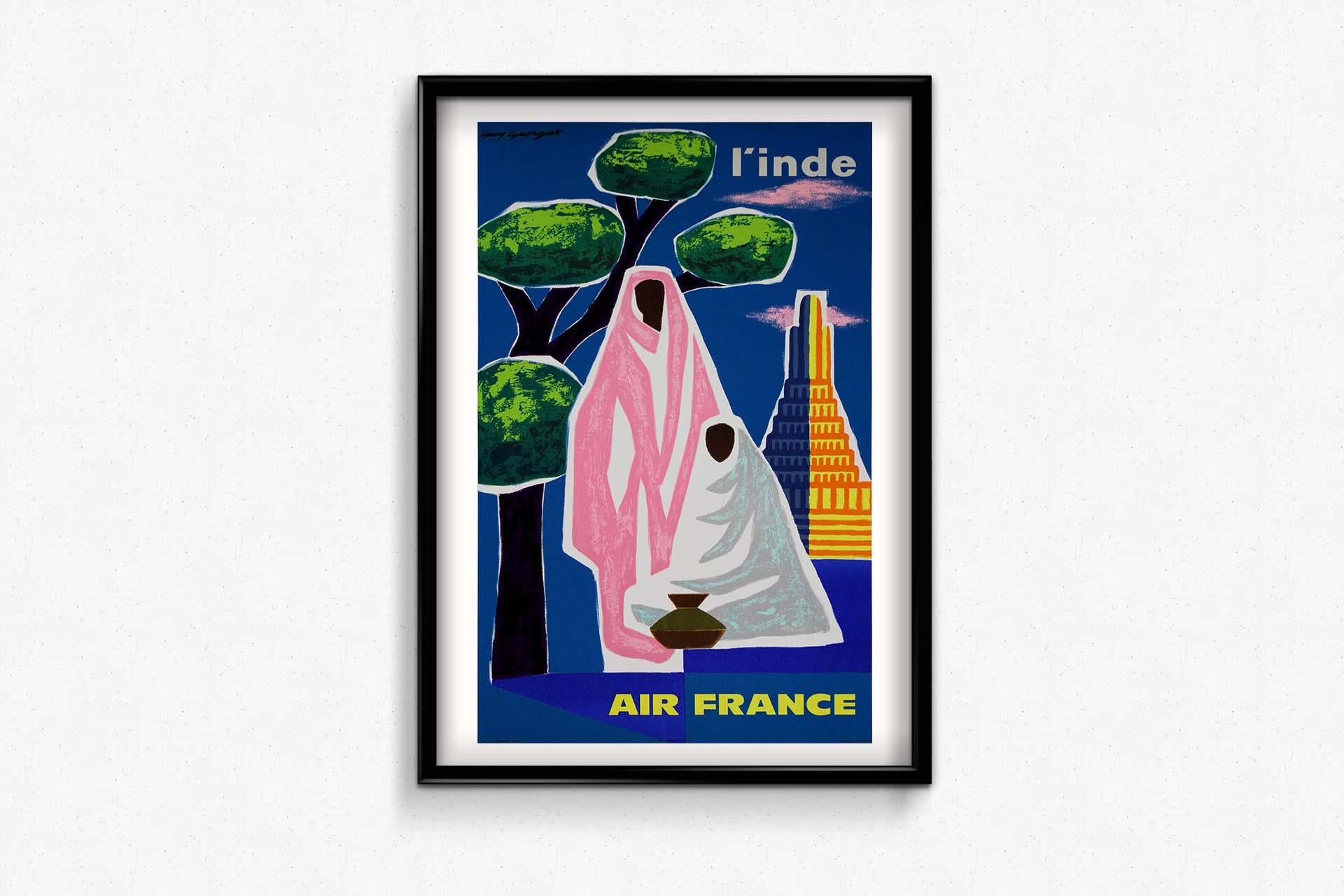 Affiche de voyage originale de Guy Georget - Air France l'Inde, 1962 en vente 1