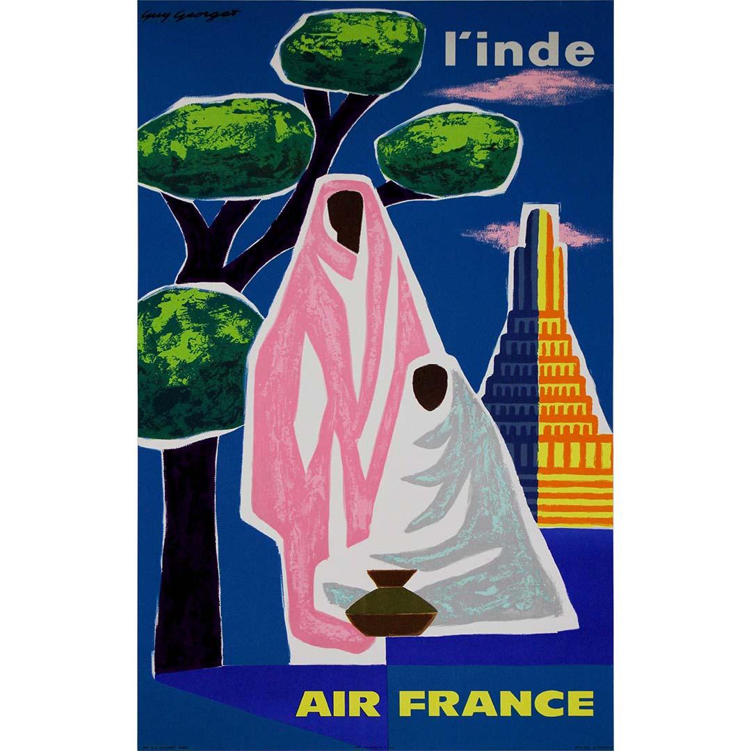 The 1962 original travel poster by Guy Georget for Air France transports viewers to the enchanting realm of India, inviting them to embark on a journey of discovery and cultural immersion. Through vibrant colors, striking imagery, and bold