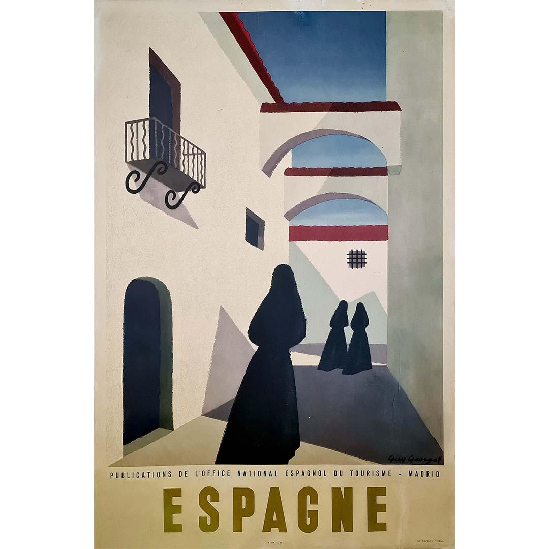 Guy Georget's 1947 original travel poster, titled "Espagne," stands as a vivid testament to the allure of Spanish landscapes, culture, and the artistic prowess of the mid-20th century. This captivating artwork encapsulates the spirit of post-war