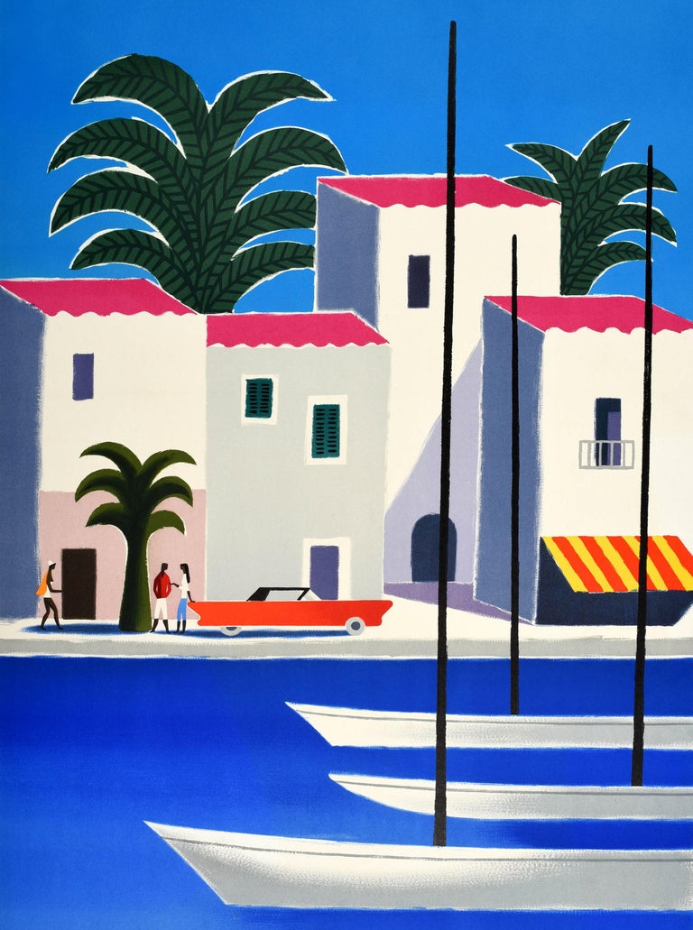 Original vintage travel poster for the Cote D'Azur / French Riviera issued by Air France featuring a colourful design by Guy Georget (1911-1992) showing boats on the water with people standing next to a car in the shade of a palm tree in front of