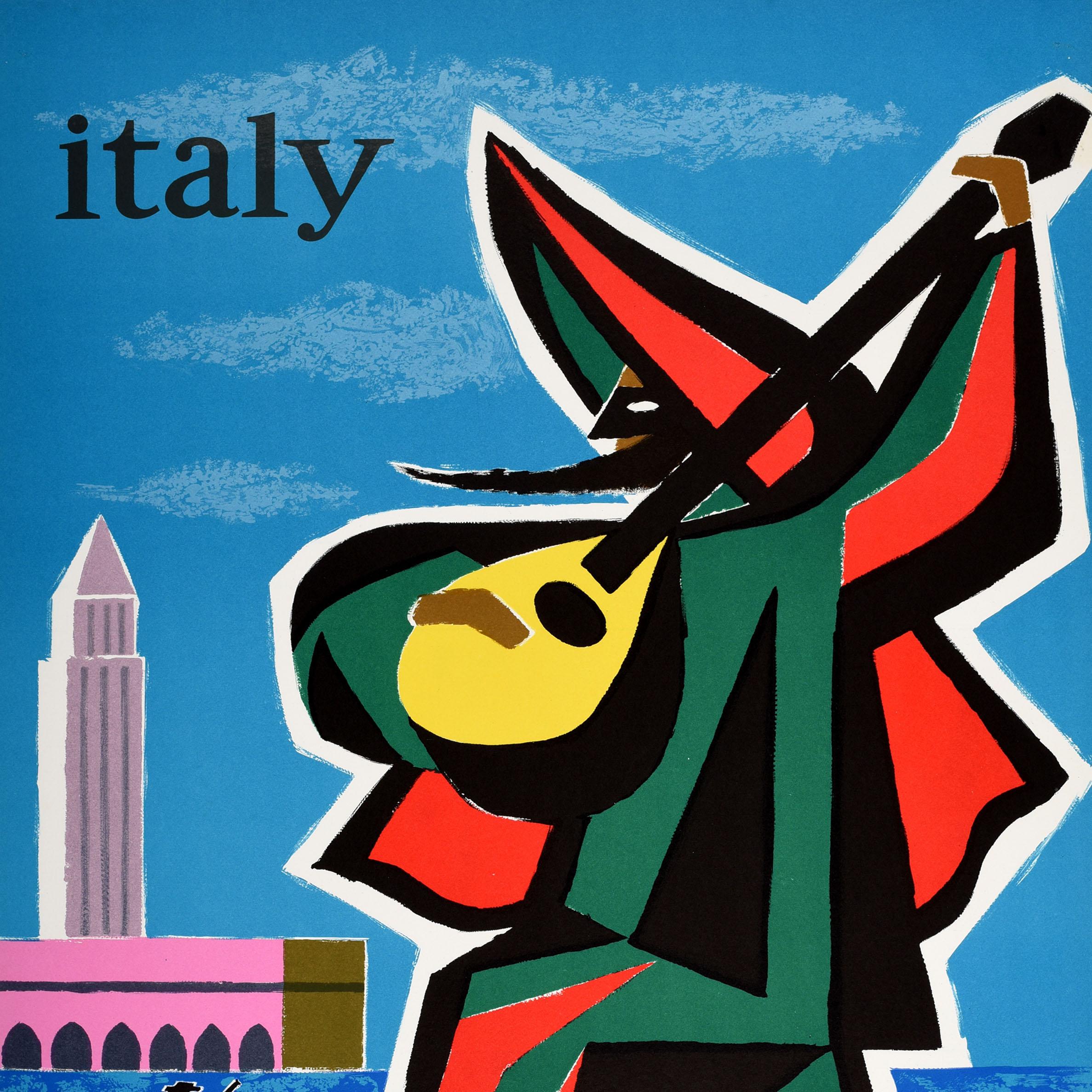 Original vintage Air France travel advertising poster for Italy featuring a fun and colourful image of Venice by Guy Georget (1911-1992) depicting a musician playing a guitar in the foreground with a gondola on the water rowing past the Piazza San
