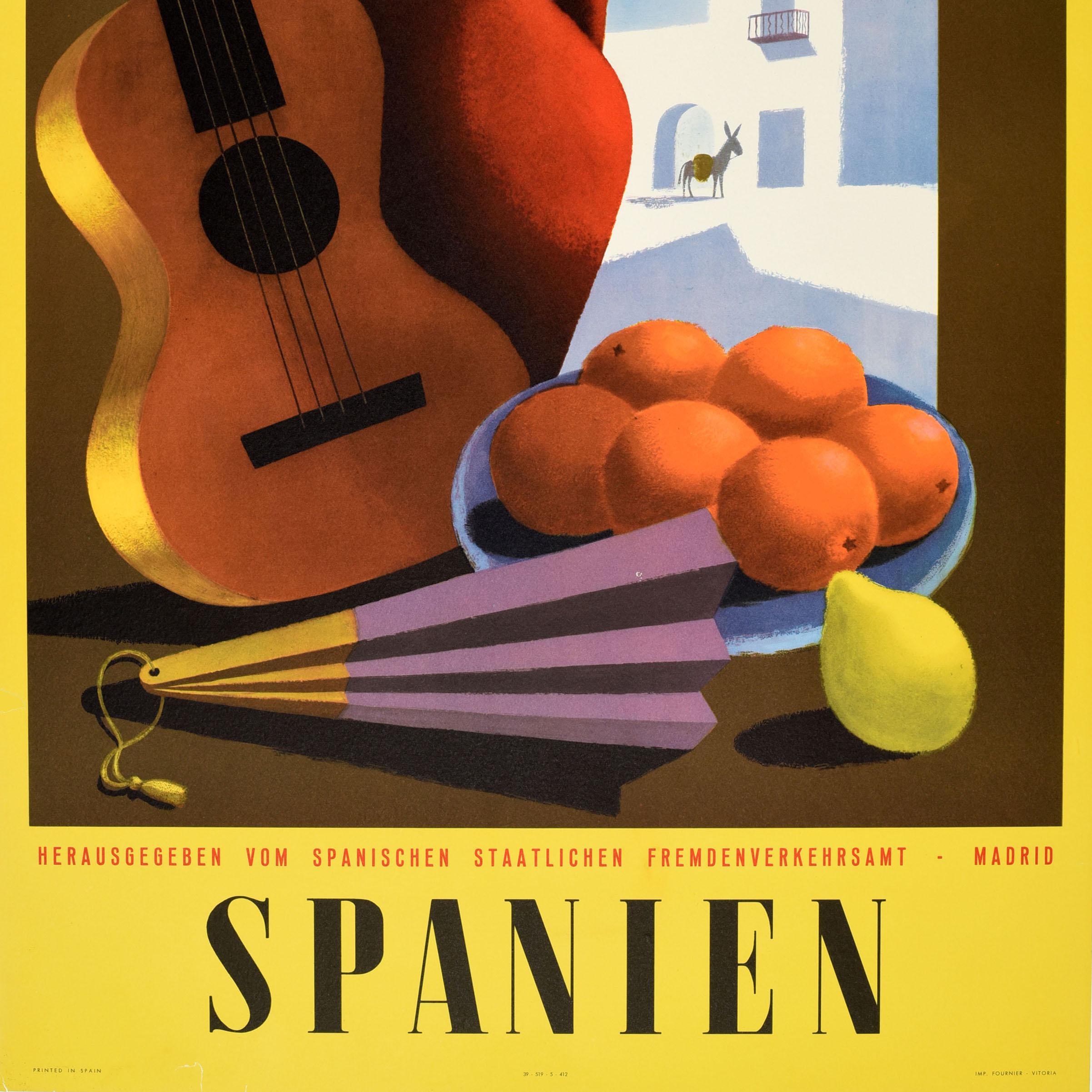 Original vintage travel poster for Spain / Spanien issued by the Spanish State Tourist Office featuring a colourful still life design by Guy Georget (1911-1992) depicting a fan and pot, oranges on a plate, a lemon and a guitar against the wall with