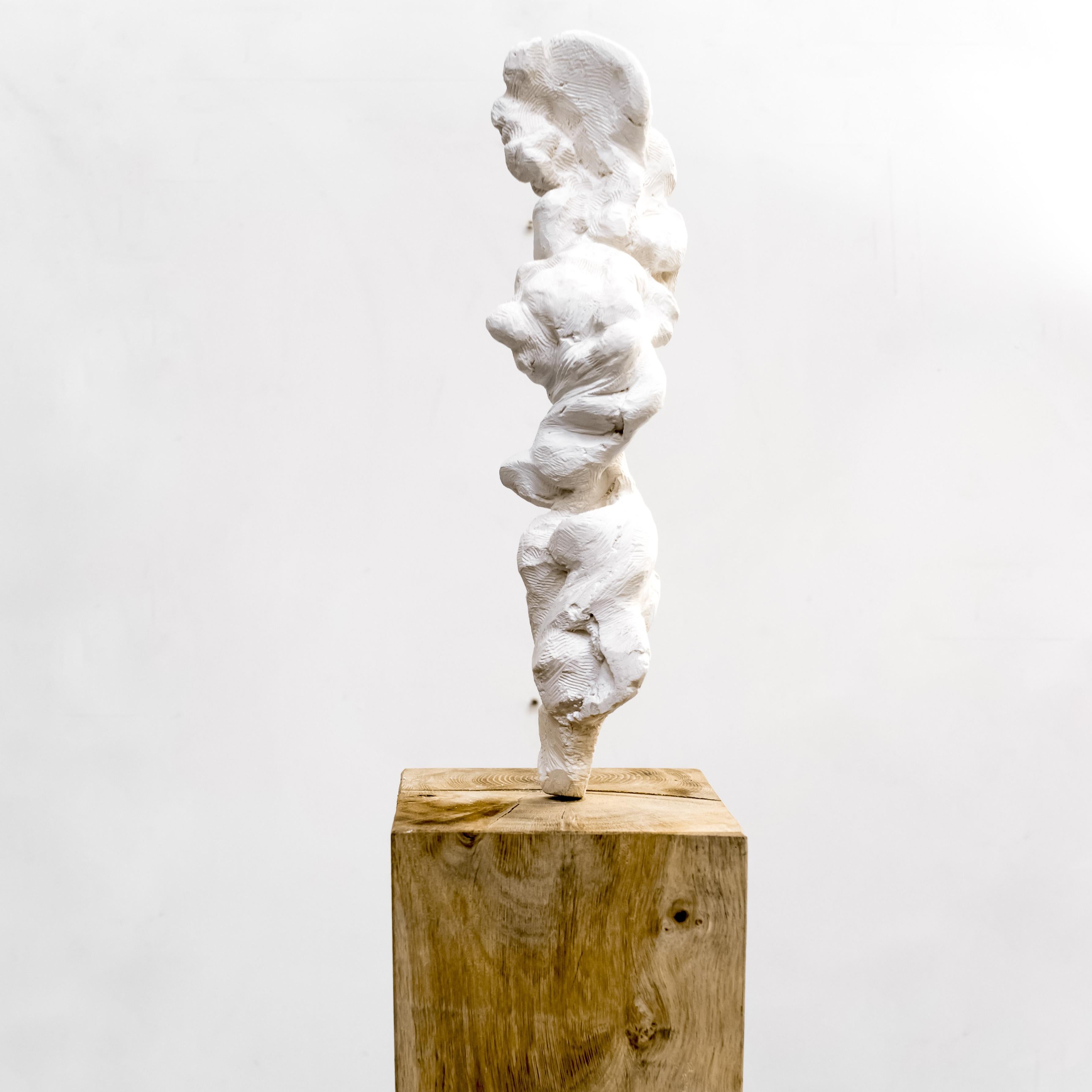 Small Totem White no. 2 - Contemporary painted bronze and oak wood by Guy Haddon - Brown Abstract Sculpture by Guy Haddon Grant