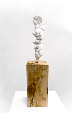Small Totem White no. 2 - Contemporary painted bronze and oak wood by Guy Haddon