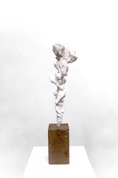 Small Totem White no. 4 - Contemporary painted bronze and oak wood by Guy Haddon