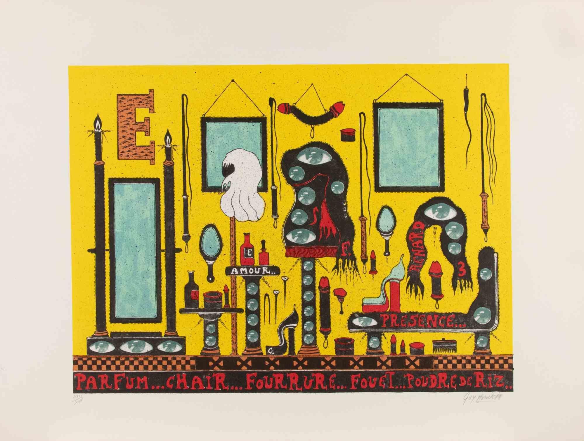 Screen print realized by Guy Harloff in 1970s.

Hand signed and numbered in pencil.

Edition of 25.

Very good condition.

A vibrant and characteristically surreal composition by Guy Harloff, animated by an enigmatic tableau of symbolic