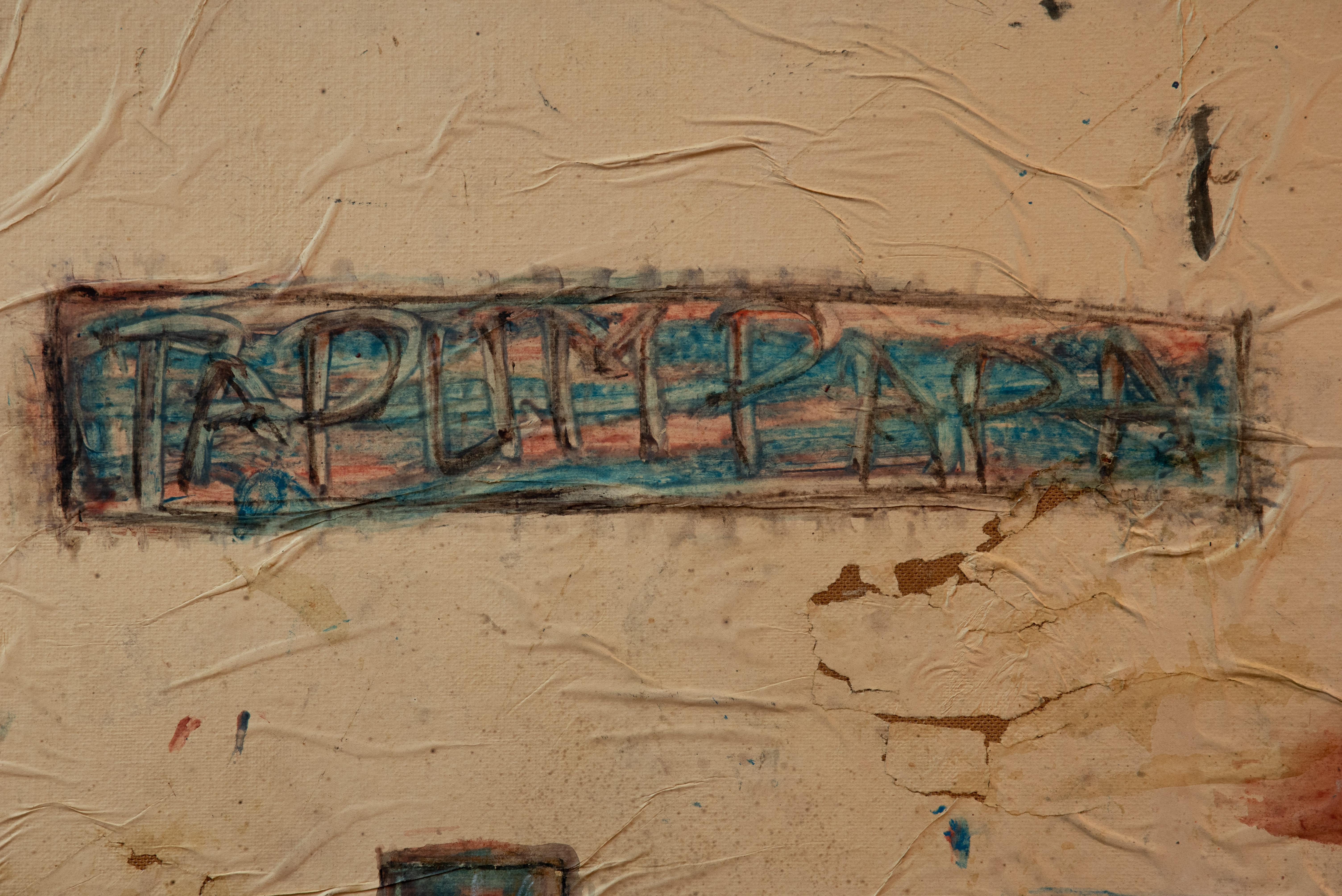 Wonderful Guy Harloff large abstract painting
Titled “Composition” 1954
Mixed media on paper applied to masonite. 
Inscription Guy Harloff / May 1954 Positano. 
Provenance: Firenze Galleria Numero. 
Work archived in the Guy Harloff Archive, at the