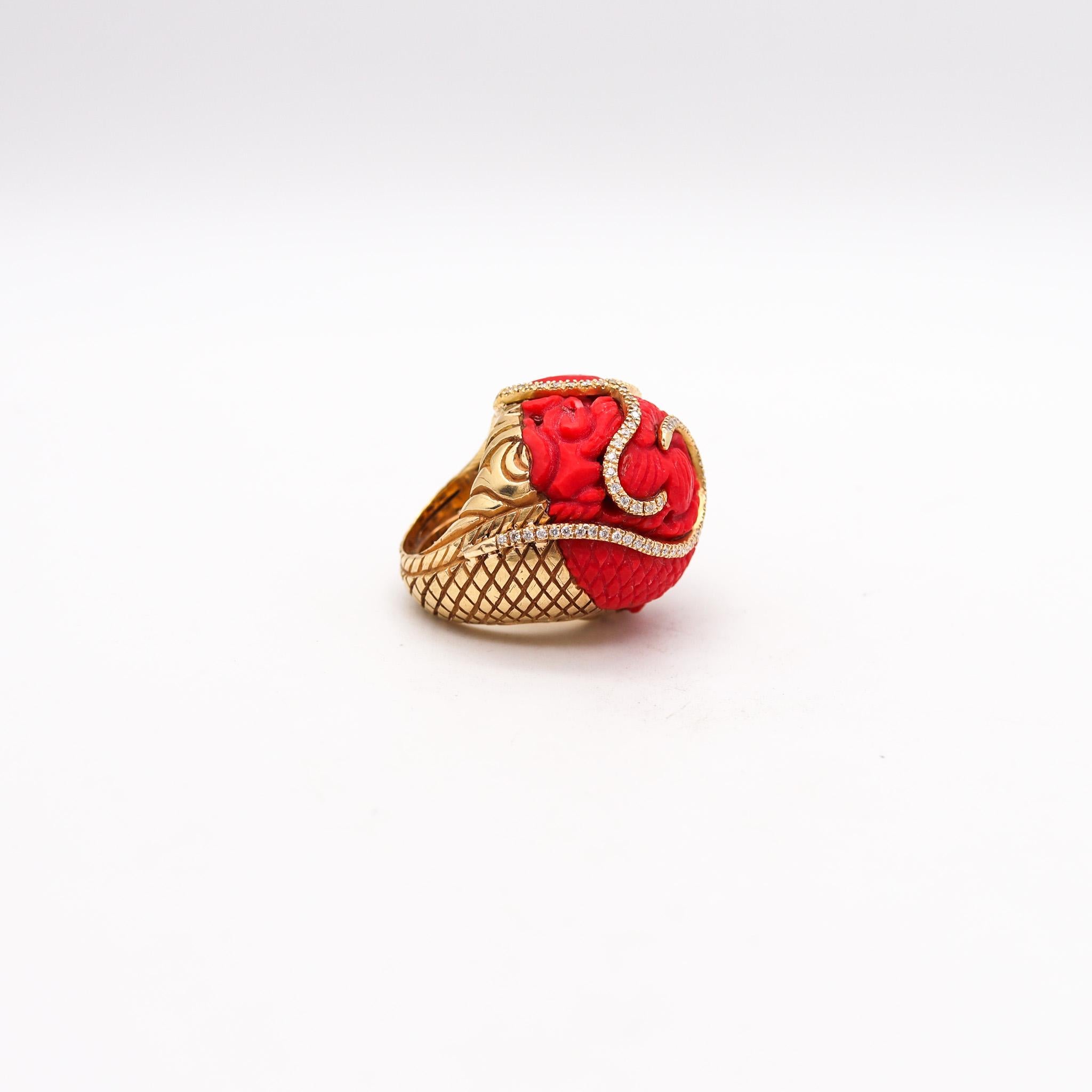 Artist Guy Henry Coral Dragon Cocktail Ring In 18Kt Yellow Gold With 1.32 Ctw Diamonds For Sale