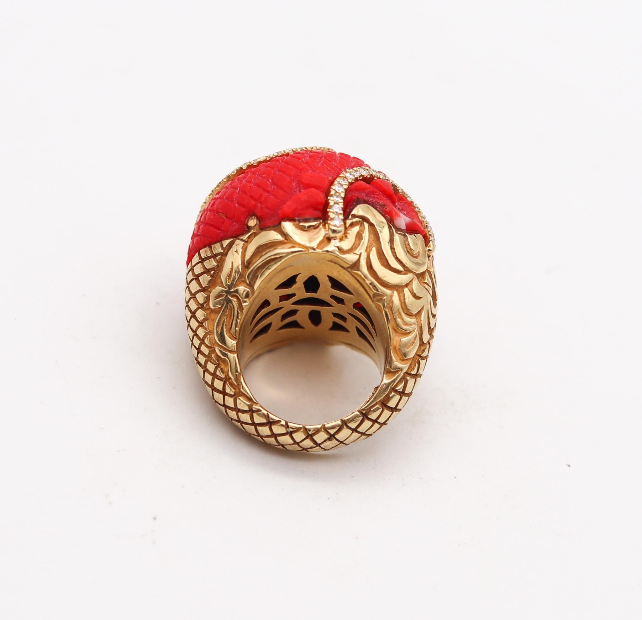 Cabochon Guy Henry Coral Dragon Cocktail Ring In 18Kt Yellow Gold With 1.32 Ctw Diamonds For Sale