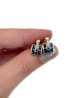 Guy Laroche 18 Karat Gold Sapphire Diamond Rectangle Stud Earrings