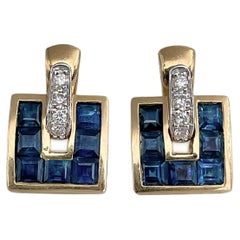 Guy Laroche 18 Karat Gold Sapphire Diamond Rectangle Stud Earrings