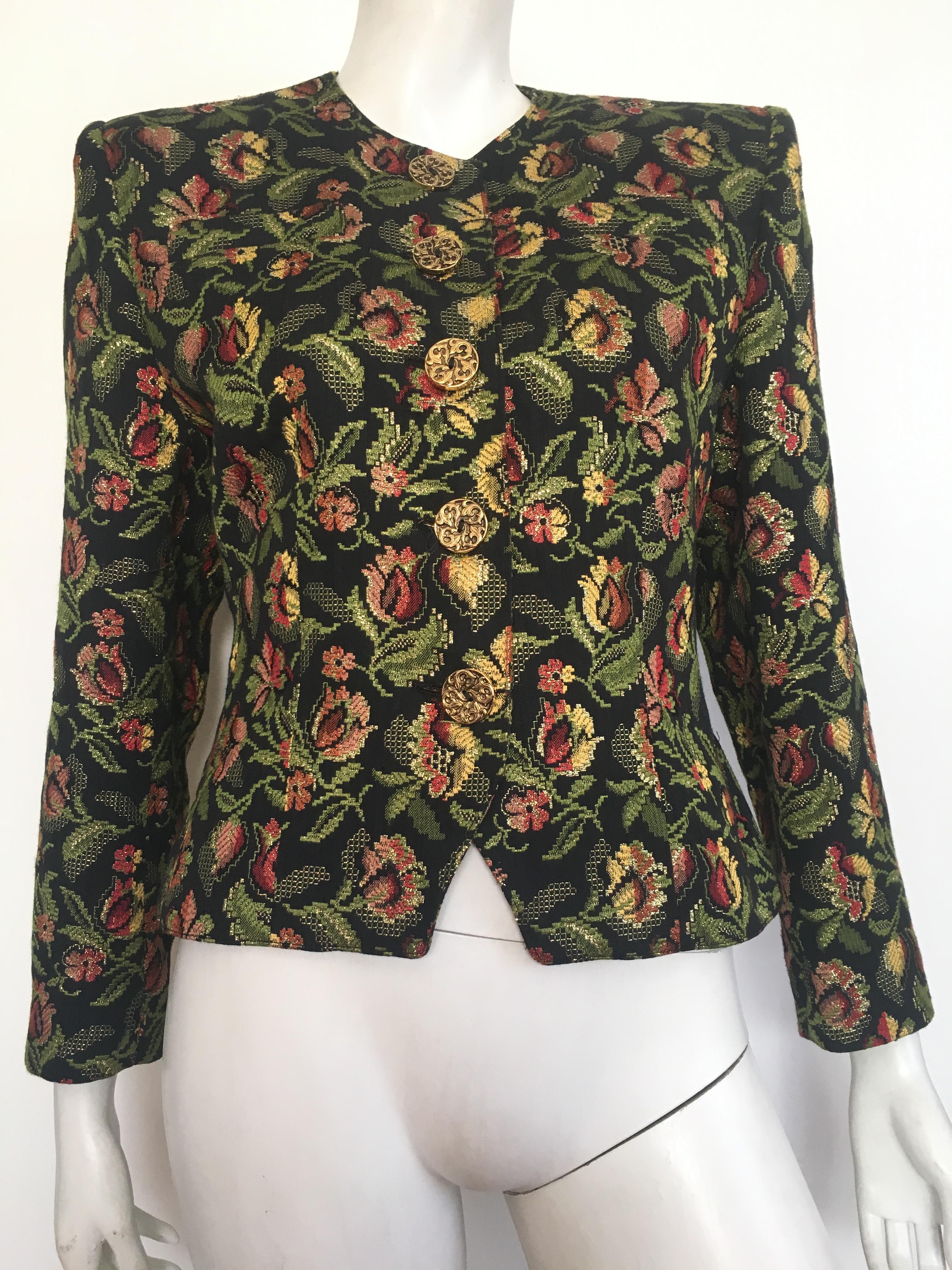 Guy Laroche 1980s brocade metallic jacket is a French size 42 and fits a size 10.  Jacket is beautifully lined.  There are two front pockets.  Mild shoulder pads.  Wear this jacket with your vintage 1980s Calvin Klein jeans or your Thierry Mugler