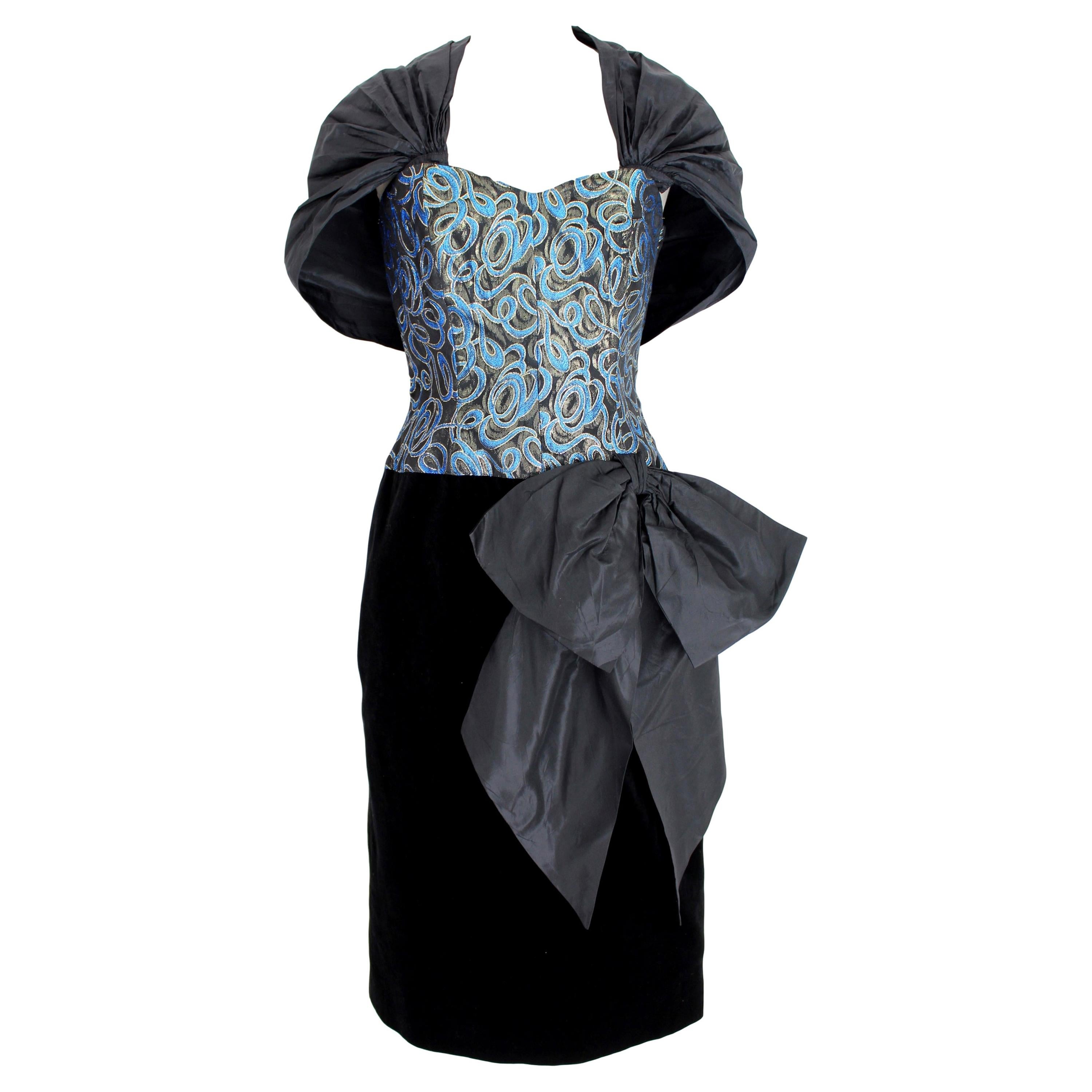 Guy Laroche 70s Blue Gold Black Velvet Evening Dress