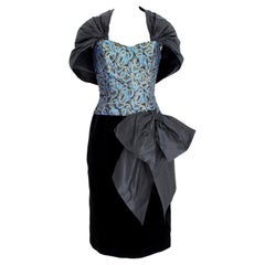 Retro Guy Laroche 70s Blue Gold Black Velvet Evening Dress