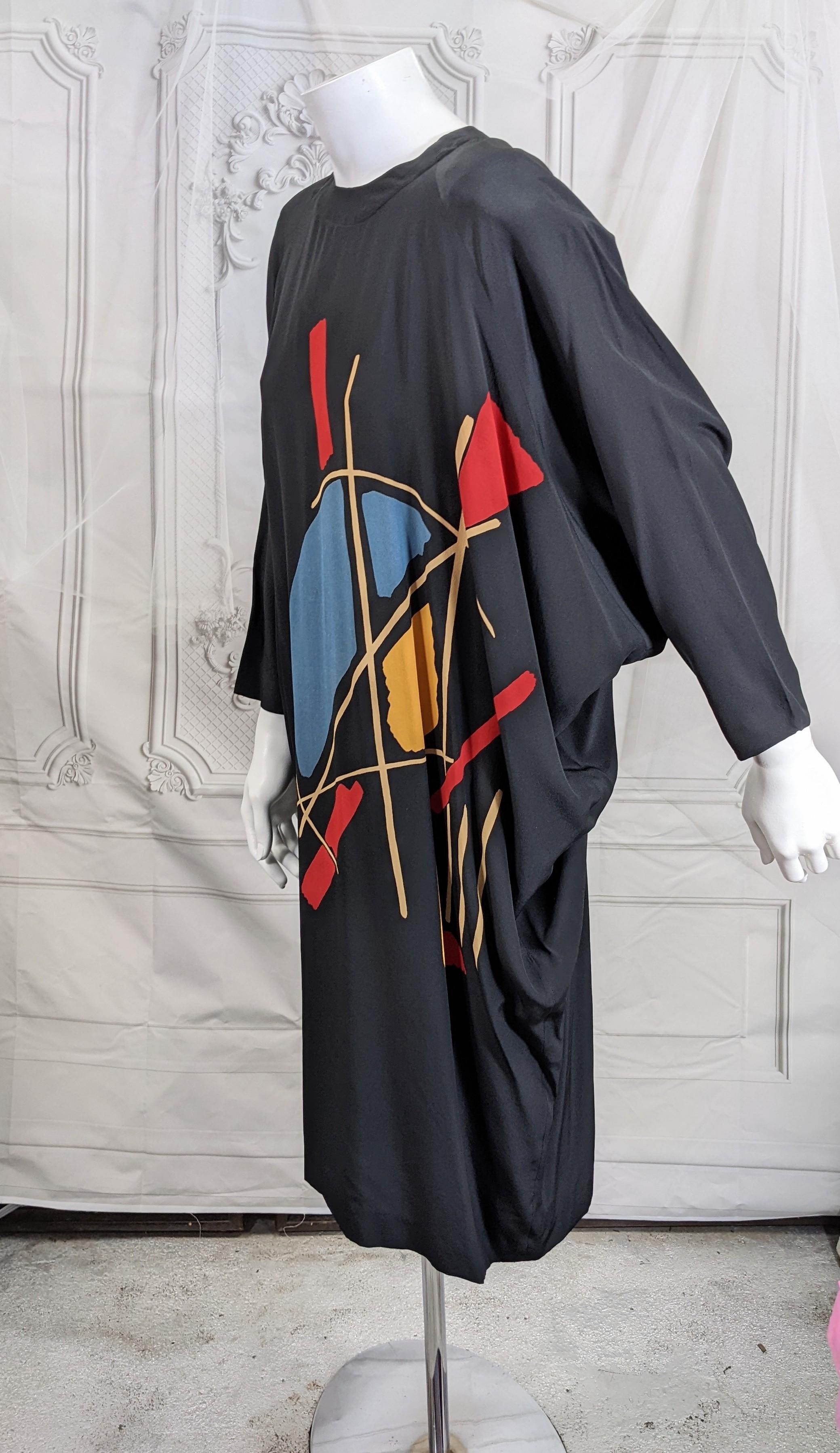 Black Guy Laroche Batwing Silk Crepe Graphic Print Dress For Sale