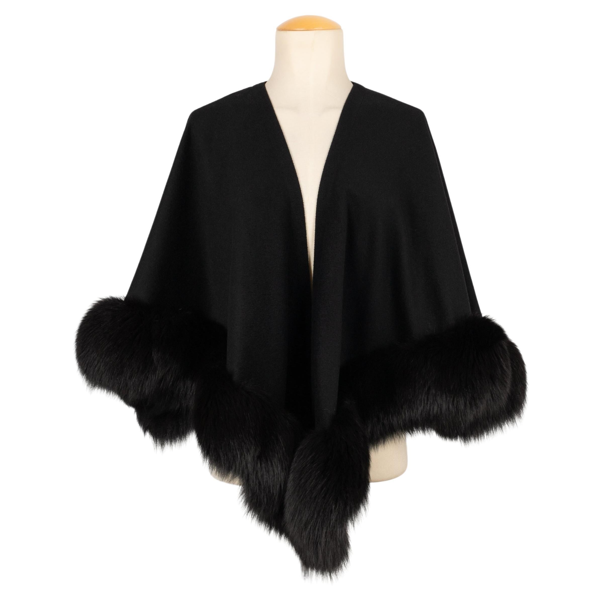 Guy Laroche Black Cape Embroidered with Fur For Sale