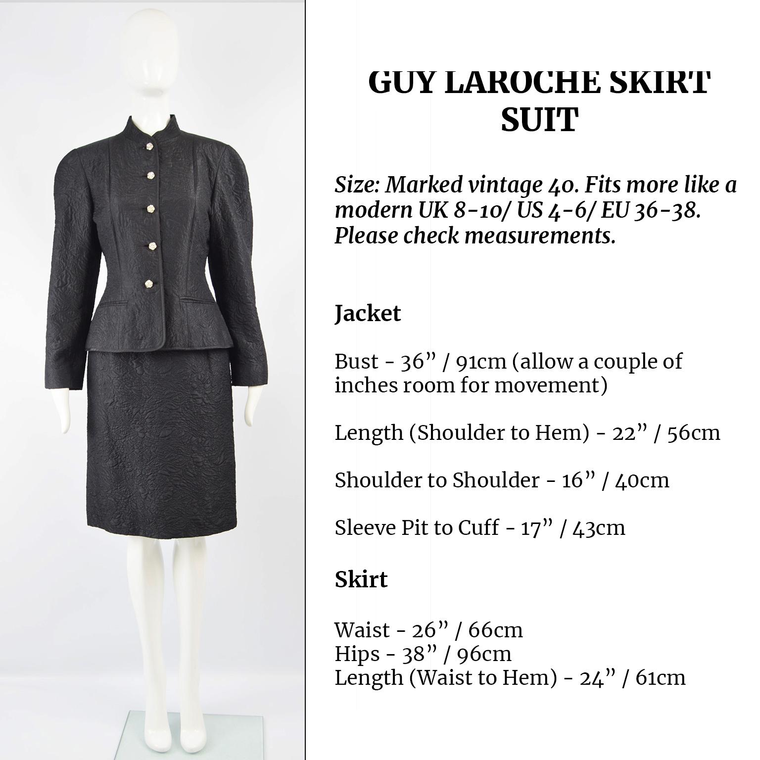 Guy Laroche Black Silk Matelassé Mandarin Collar Vintage Skirt Suit, 1980s For Sale 6