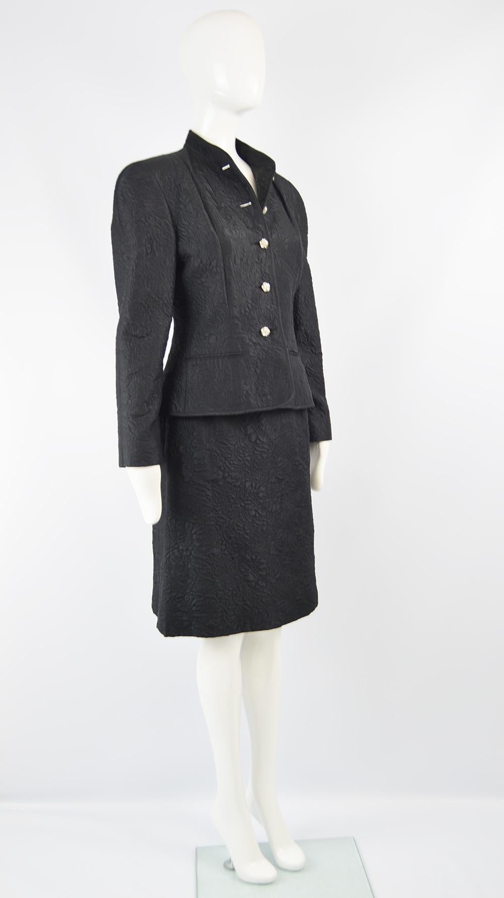 Guy Laroche Black Silk Matelassé Mandarin Collar Vintage Skirt Suit, 1980s In Excellent Condition For Sale In Doncaster, South Yorkshire