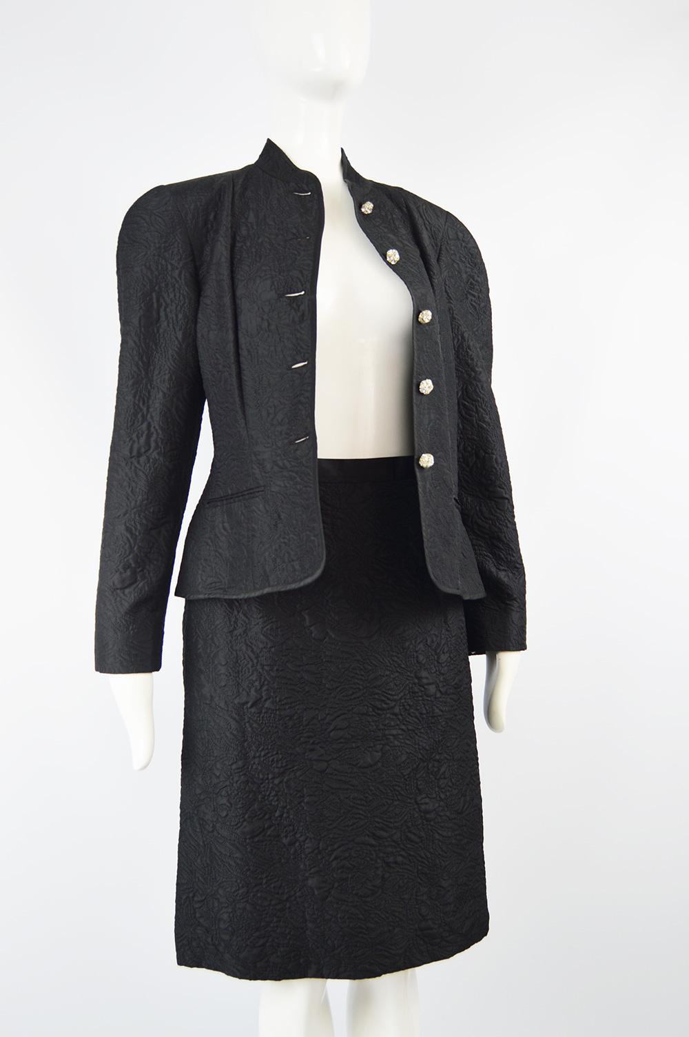 Women's Guy Laroche Black Silk Matelassé Mandarin Collar Vintage Skirt Suit, 1980s For Sale