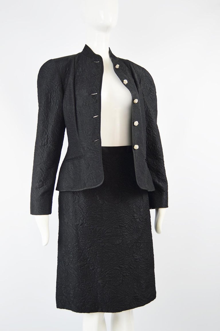 Guy Laroche Black Silk Matelassé Mandarin Collar Vintage Skirt Suit ...
