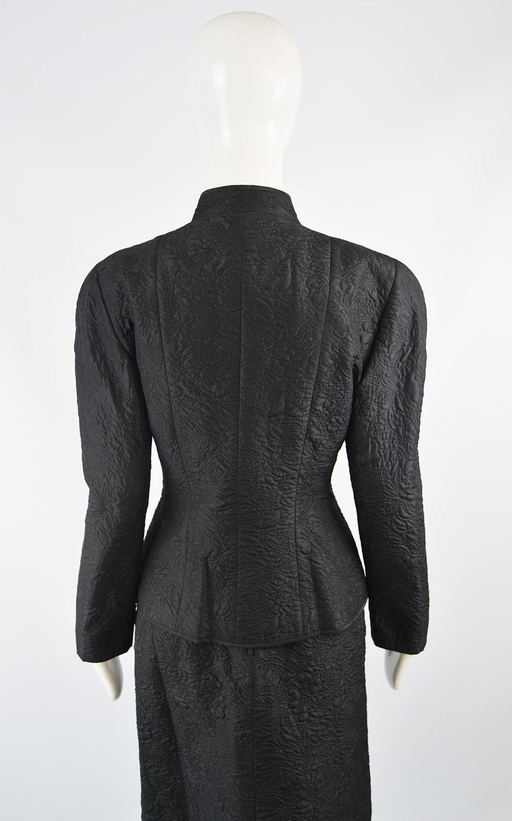 Guy Laroche Black Silk Matelassé Mandarin Collar Vintage Skirt Suit, 1980s For Sale 1