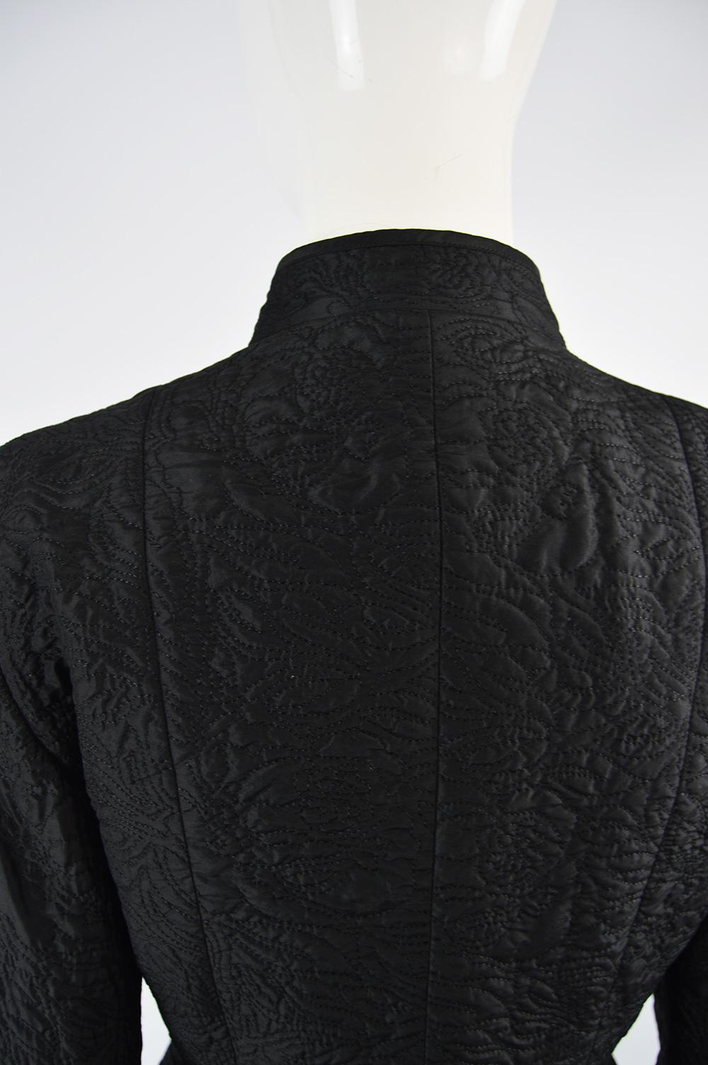 Guy Laroche Black Silk Matelassé Mandarin Collar Vintage Skirt Suit, 1980s For Sale 2