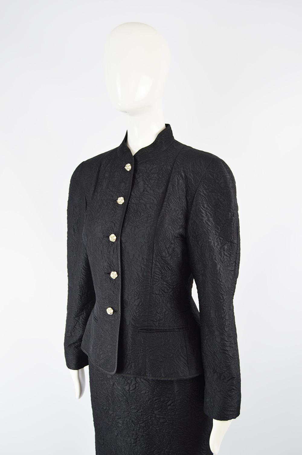 Guy Laroche Black Silk Matelassé Mandarin Collar Vintage Skirt Suit, 1980s For Sale 3
