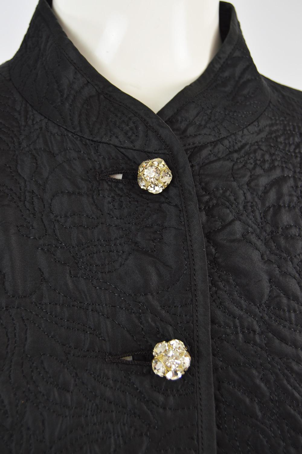 Guy Laroche Black Silk Matelassé Mandarin Collar Vintage Skirt Suit, 1980s For Sale 4
