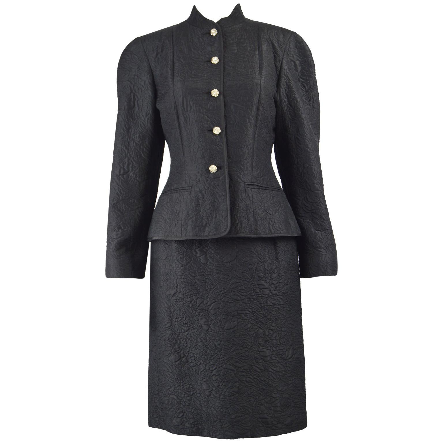 Guy Laroche Black Silk Matelassé Mandarin Collar Vintage Skirt Suit, 1980s For Sale