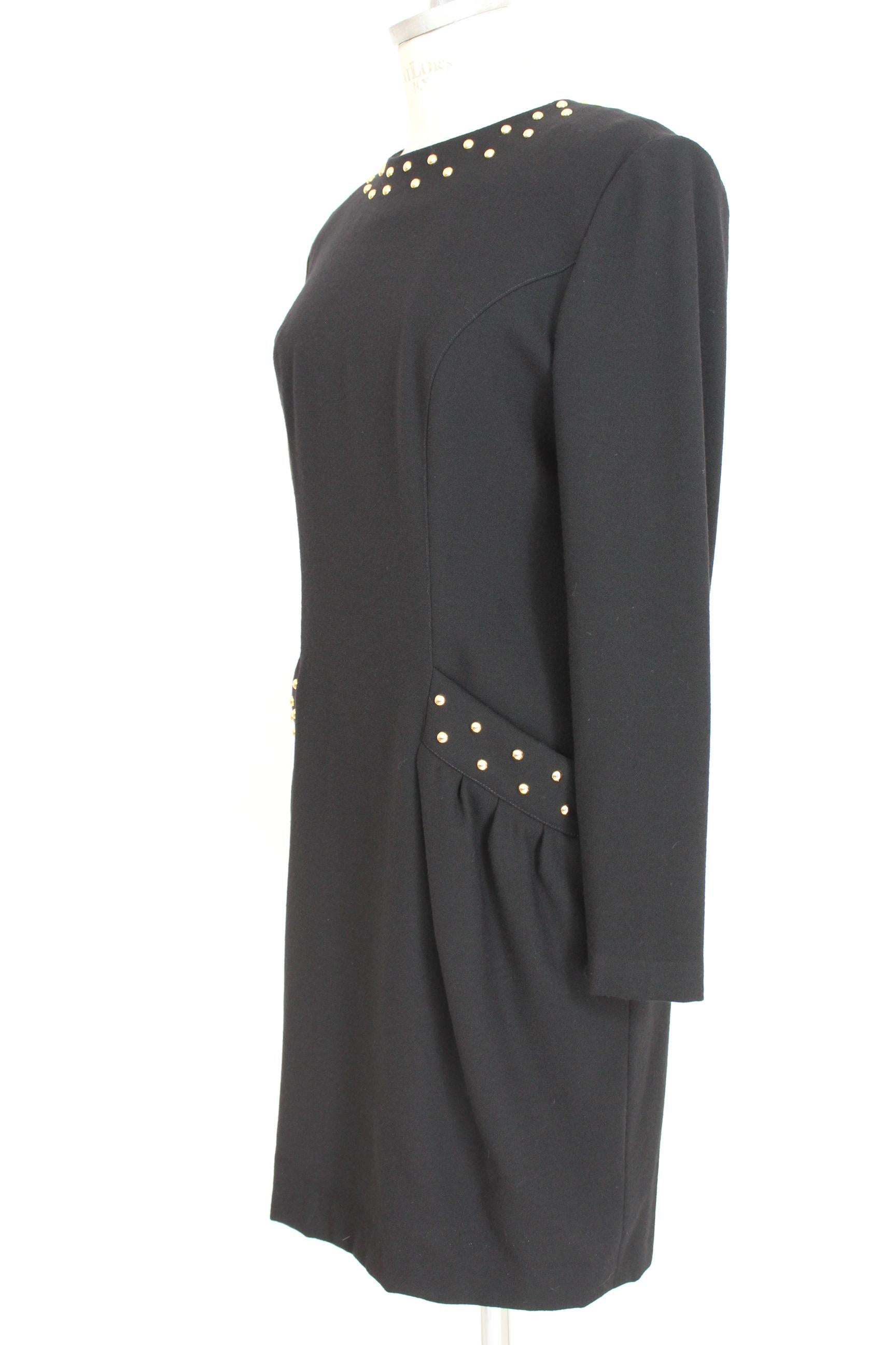 Guy Laroche Boutique Black Gold Wool Studs Sheath Cocktail Dress 1980s For Sale 1