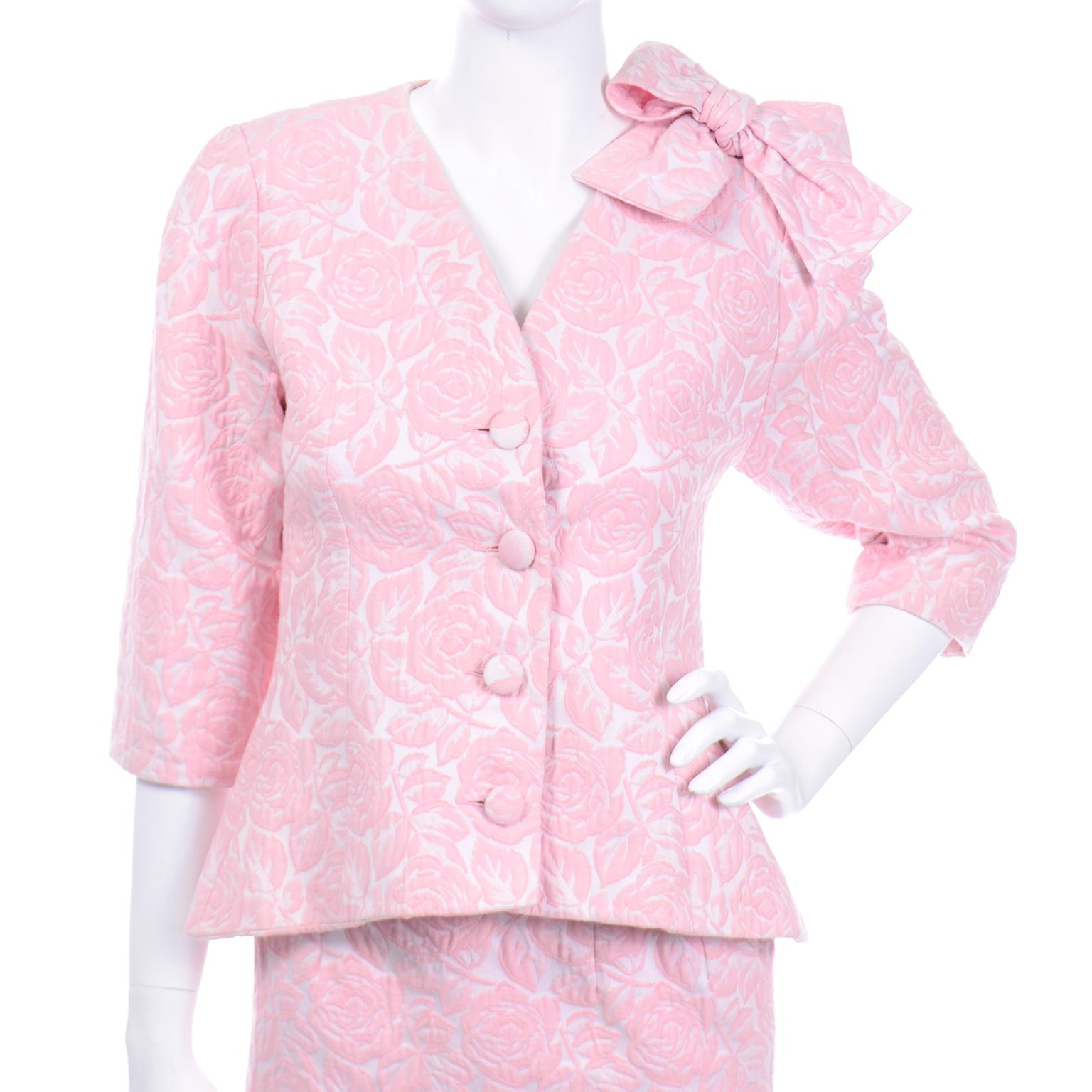 Guy Laroche Boutique Paris Vintage Pink Skirt Suit With Bow In Excellent Condition For Sale In Portland, OR
