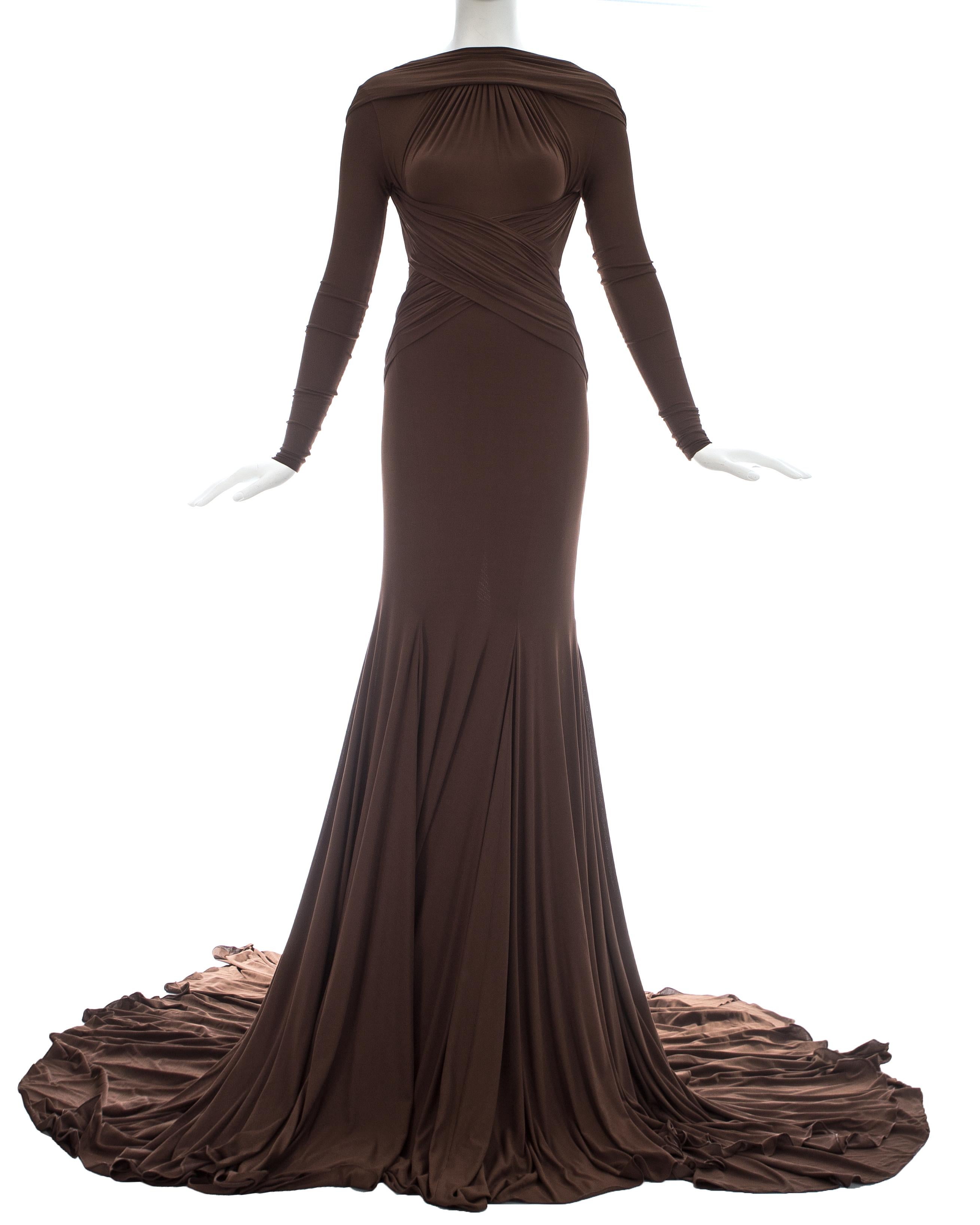 Brown Viscose jersey backless evening gown with long train and pleated panels bound around the bust

Spring-Summer 2005 