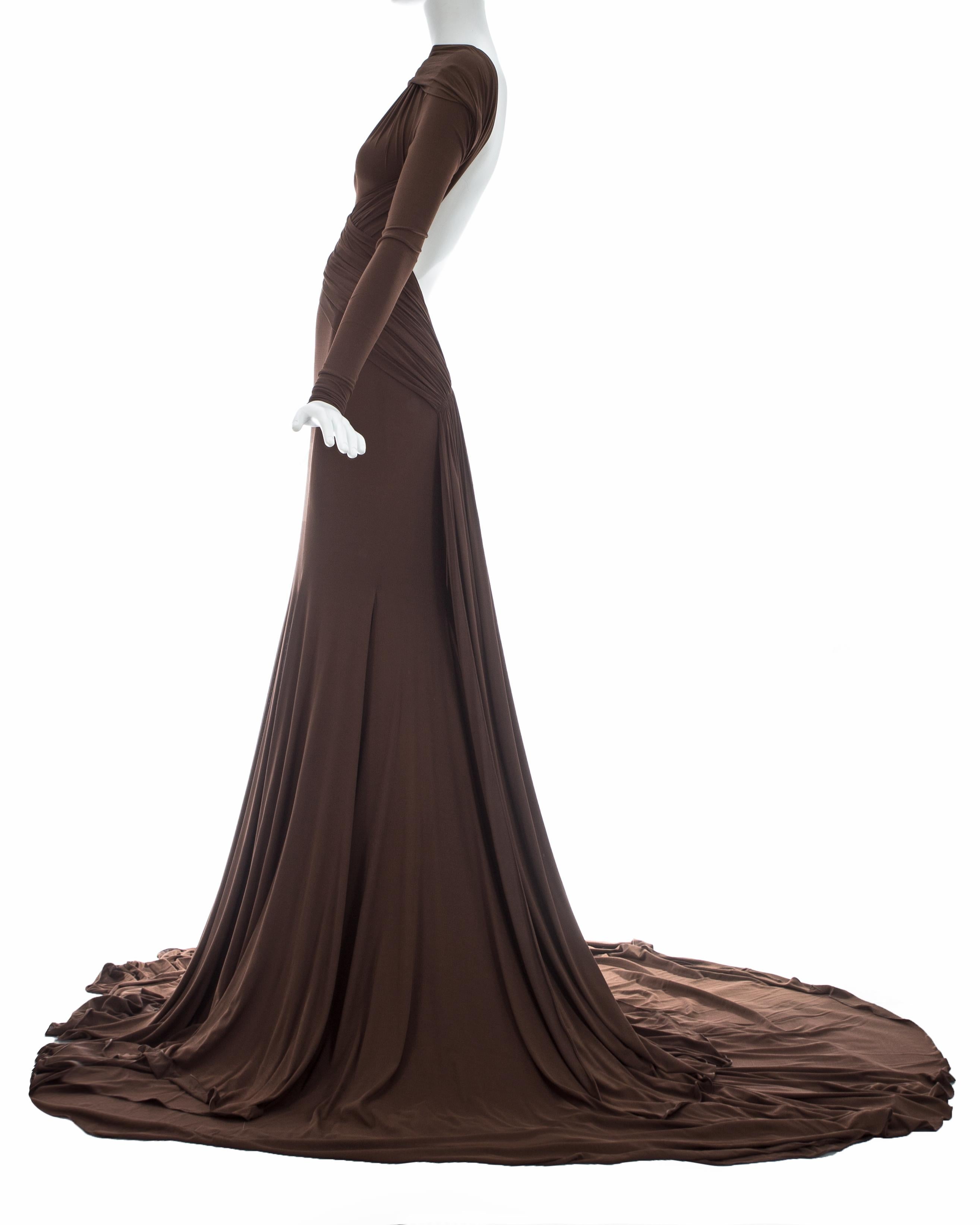 Black Guy Laroche brown viscose jersey pleated evening gown, S/S 2005