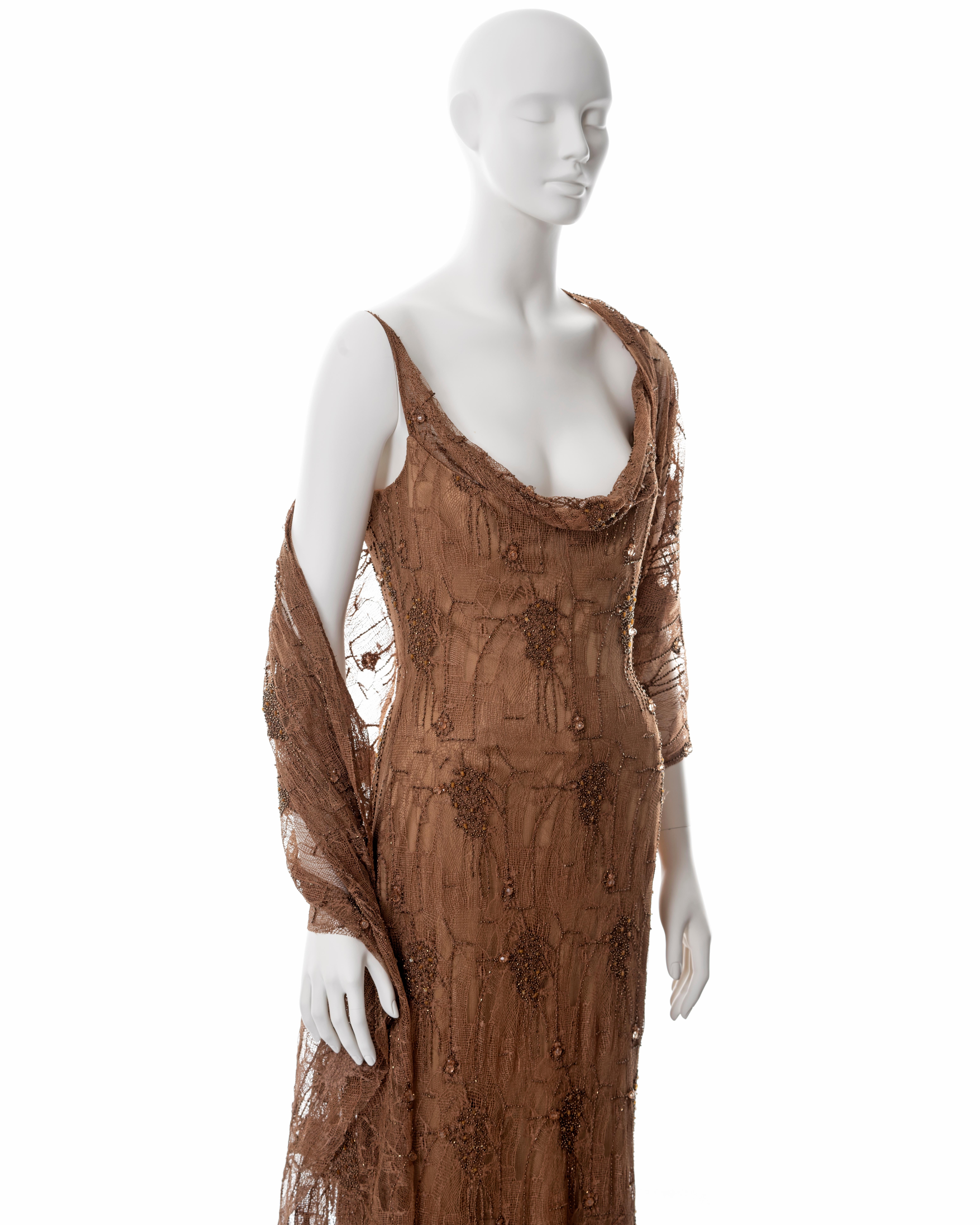 Guy Laroche copper beaded lace evening dress with shawl, fw 2002 For Sale 4