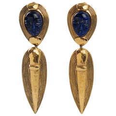Guy Laroche Dangle Carved Mask Clip Earrings
