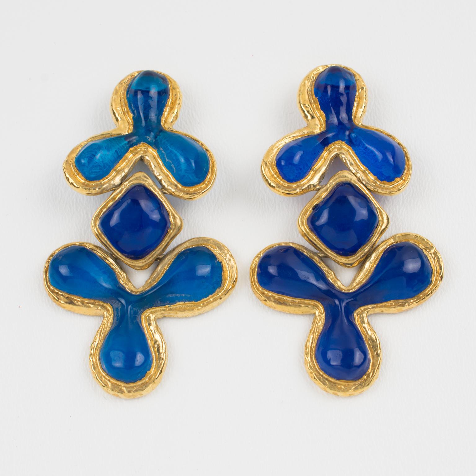 Guy Laroche Dangle Gilt Metal Clip Earrings Cobalt Blue Resin In Excellent Condition In Atlanta, GA