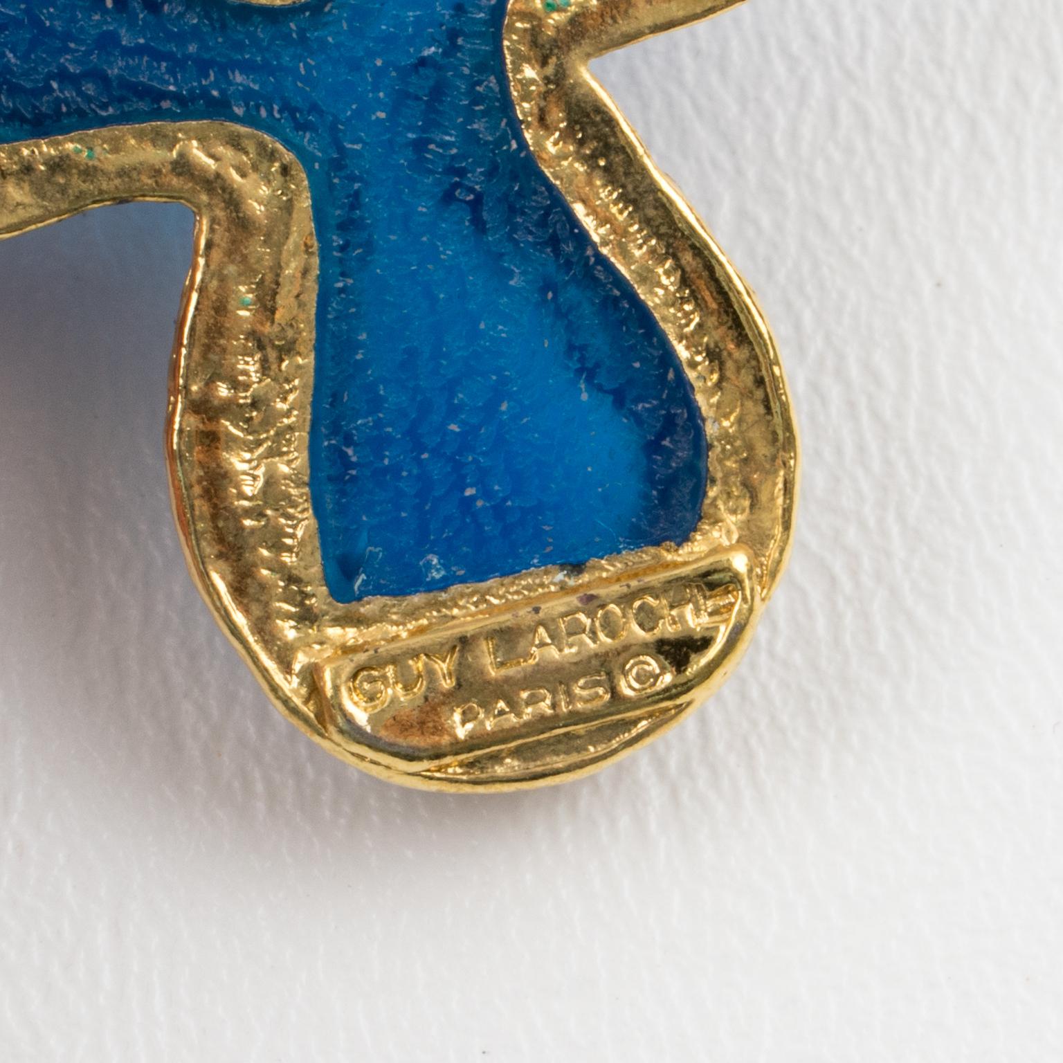 Guy Laroche Dangle Gilt Metal Clip Earrings Cobalt Blue Resin 1