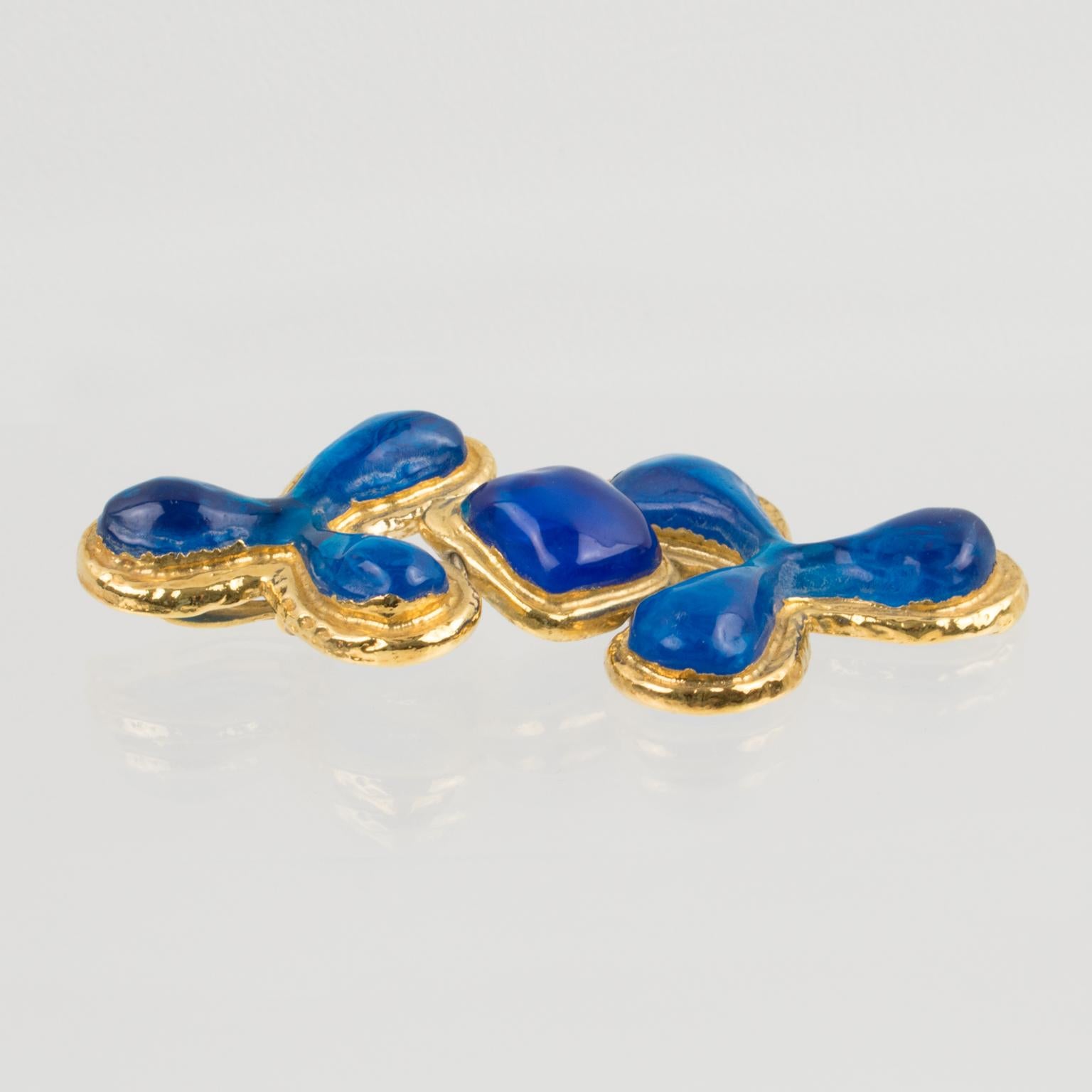Guy Laroche Dangle Gilt Metal Clip Earrings Cobalt Blue Resin 2